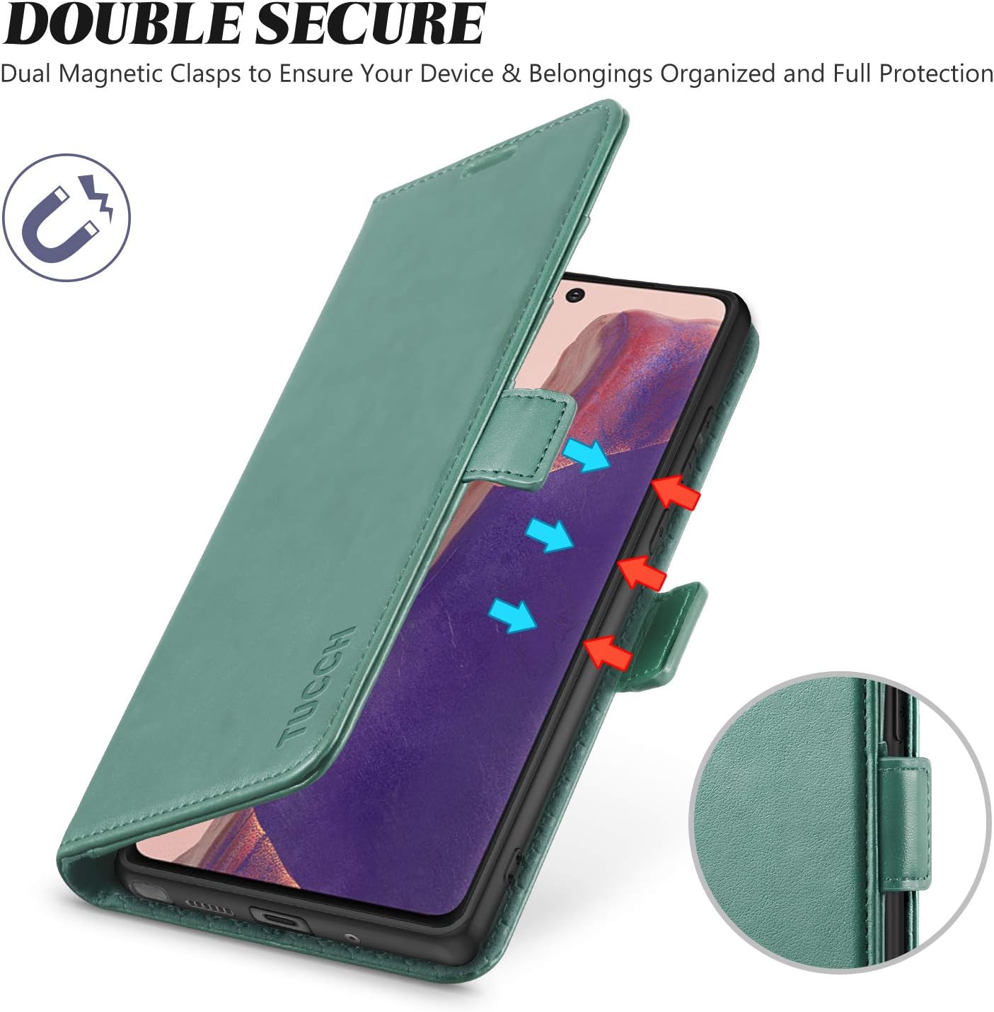 TUCCH Galaxy Note 20 Wallet Case, Galaxy Note20 Stand Flip Cover, Folio PU Leather [Shockproof TPU Inner Case] with Wireless Charging RFID Card Holder Compatible with Galaxy Note 20 6.7”, Myrtle Green