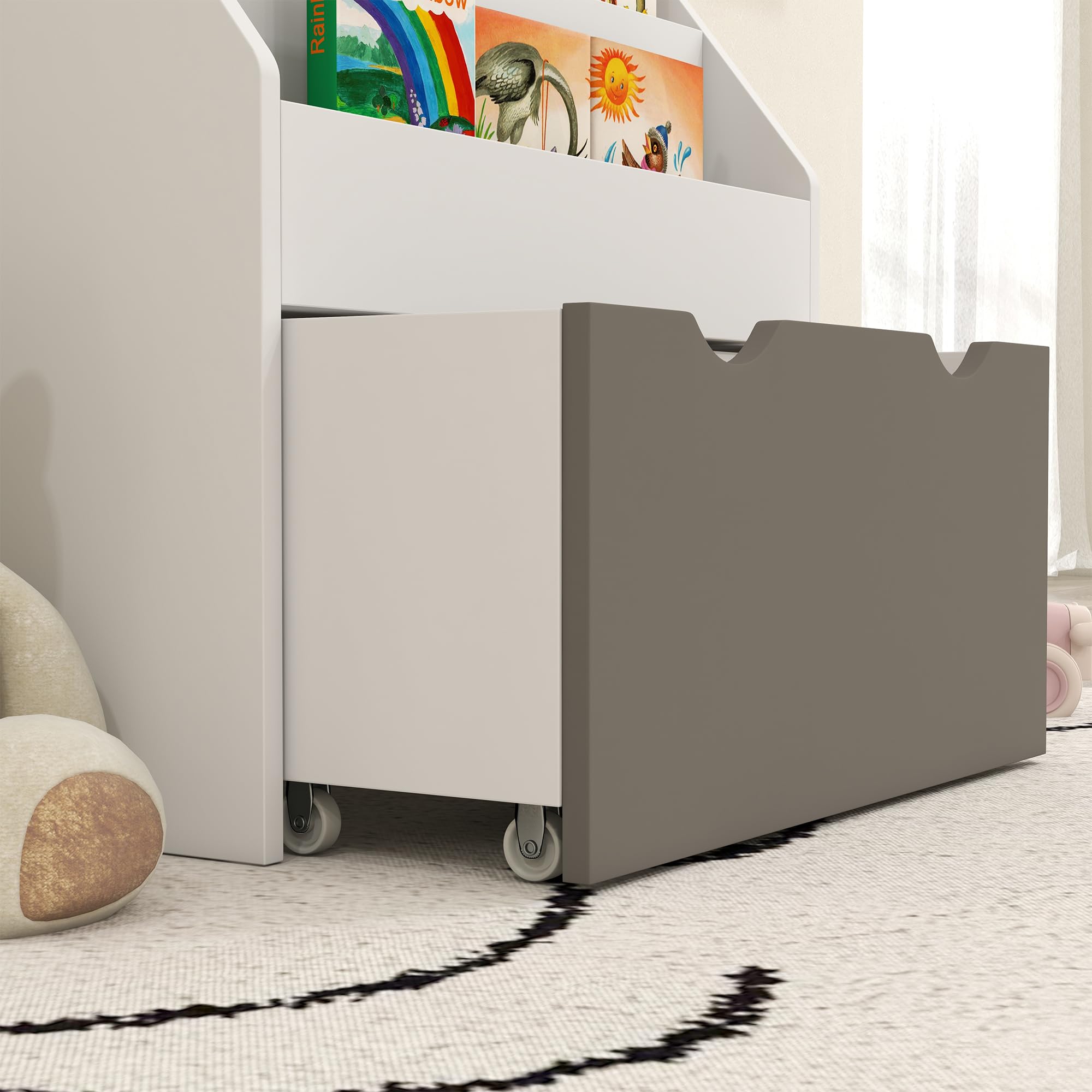 AIYAPLAY Bücherregal für Kinder, 62,5 x 30 x 70 cm (L x B x H), Grau und Weiß | Für Bücher und Spielzeug, multifunktional, 3 Regalebenen, Schublade