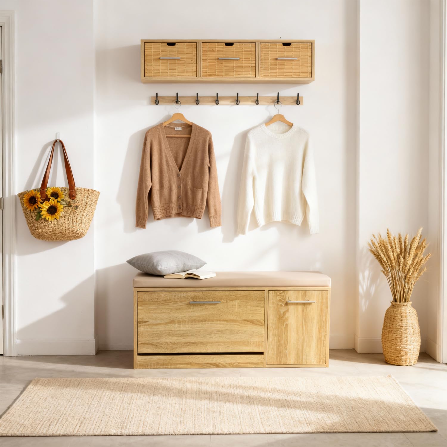 Marvin Scarpiera Panca da Ingresso con Anta – Portascarpe Salvaspazio in Legno con Cuscino Seduta e Anta a Ribalta per Cabina Armadio Corridoio o Camera Design 100x30x46 cm (Rovere/Cuscino Tortora)
