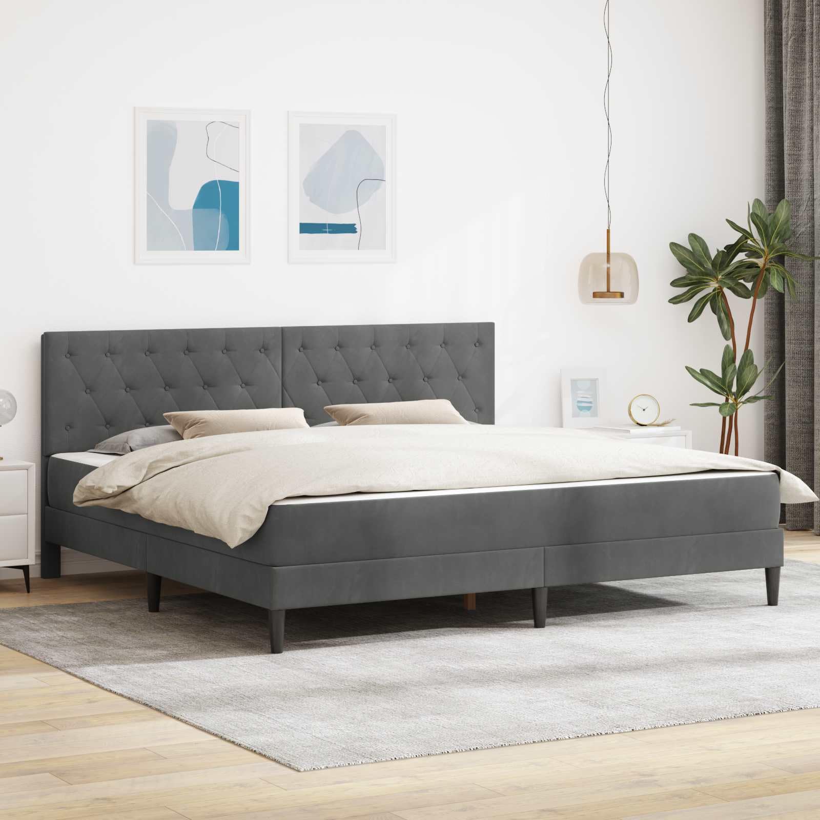Rama łóżka z materacem 180 x 200 cm, ciemnoszara, aksamitna, z zimnej pianki, rdzeń sprężynowy kieszeniowy, ergonomiczny, oddychający, z miejscem do przechowywania, komfort sypialni