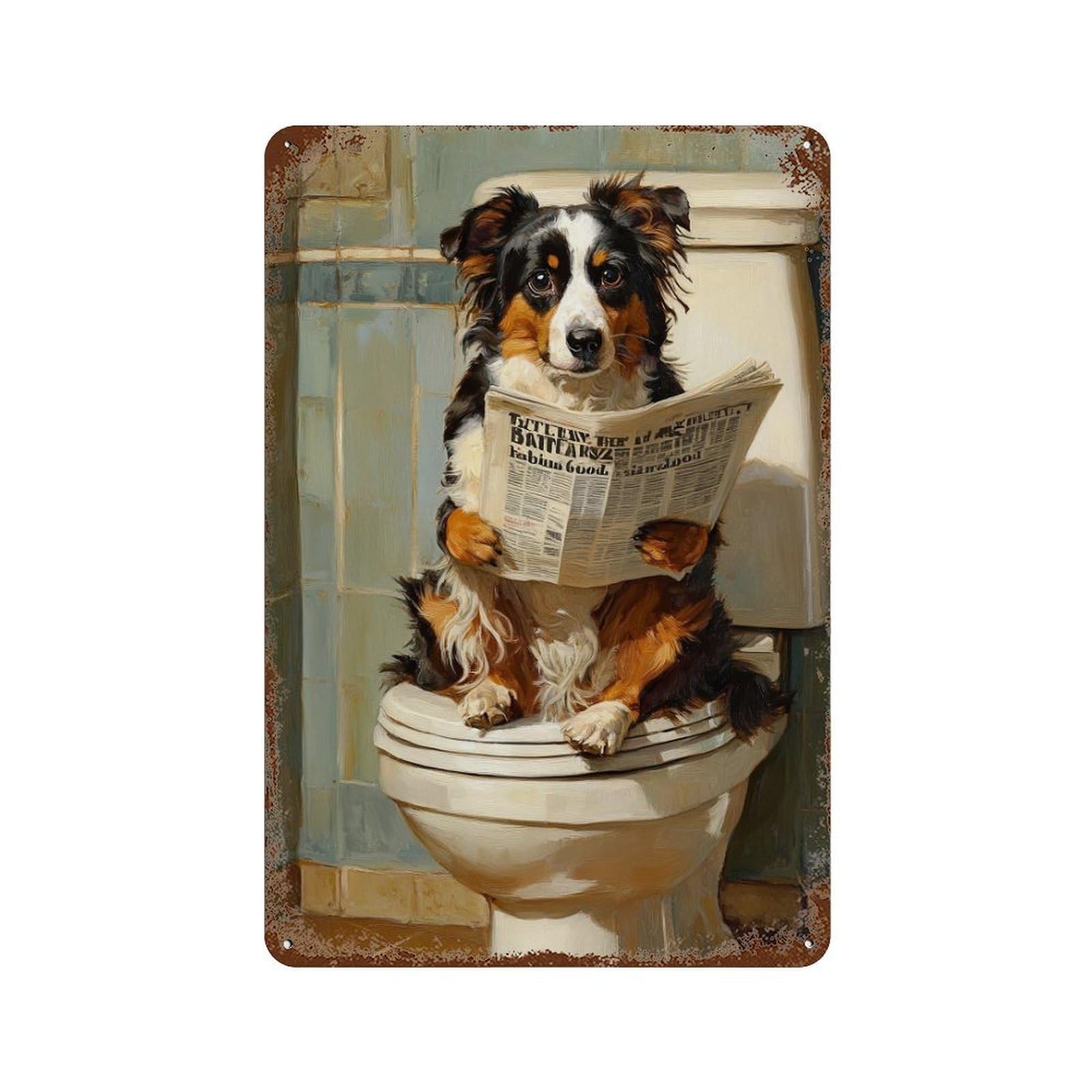 Retro Metal Sign with Dog Reading Newspaper on Toilet-15 Design 11.8"x7.9", for Farmhouse, Kitchen And Entryway Decor, Shabby Chic Decor