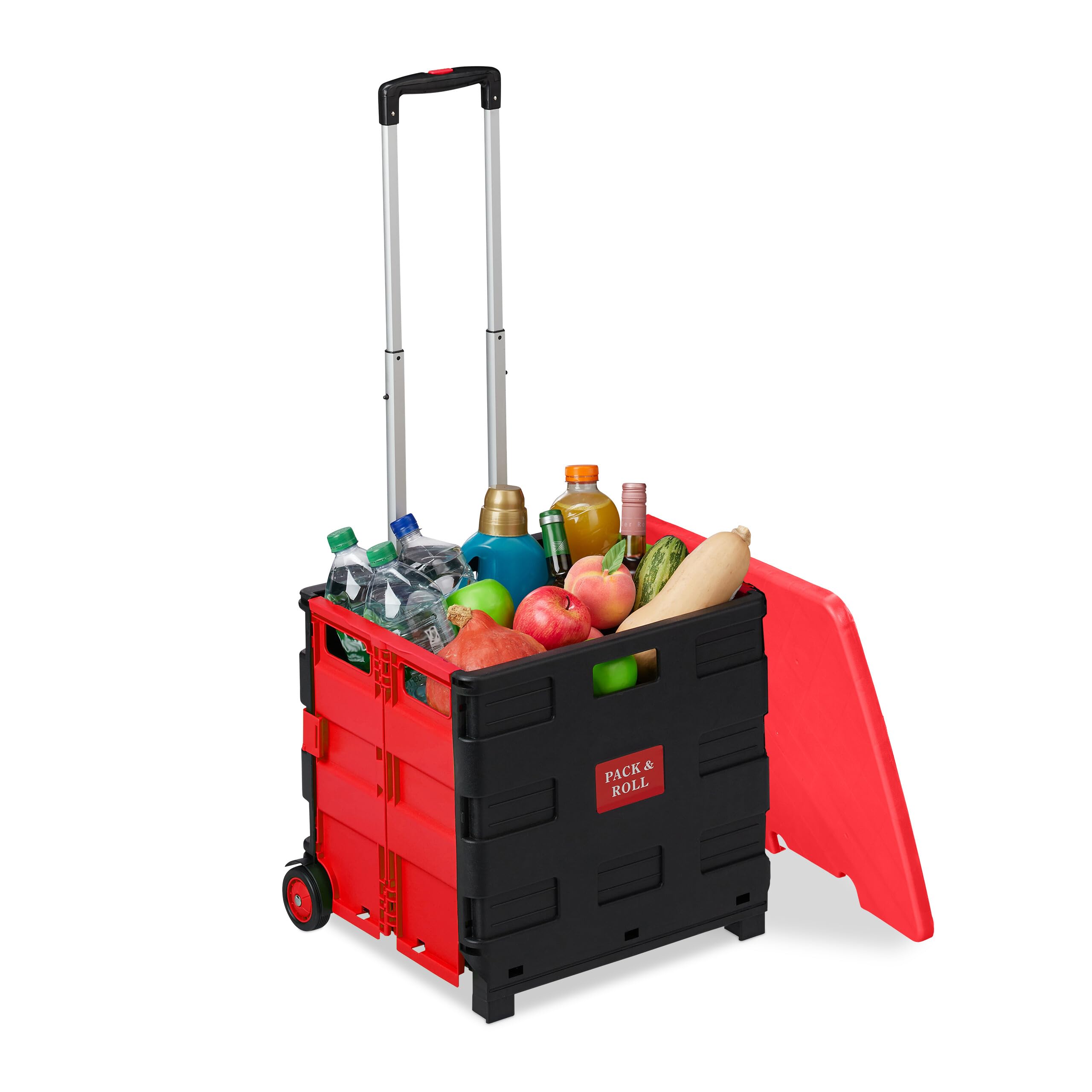 Relaxdays Trolley, Foldable, Up to 35 kg, 50 L, with Telescopic Handle & Lid, Shopping Transport, Red/Black, 99 x 45.5 x 37.5 cm