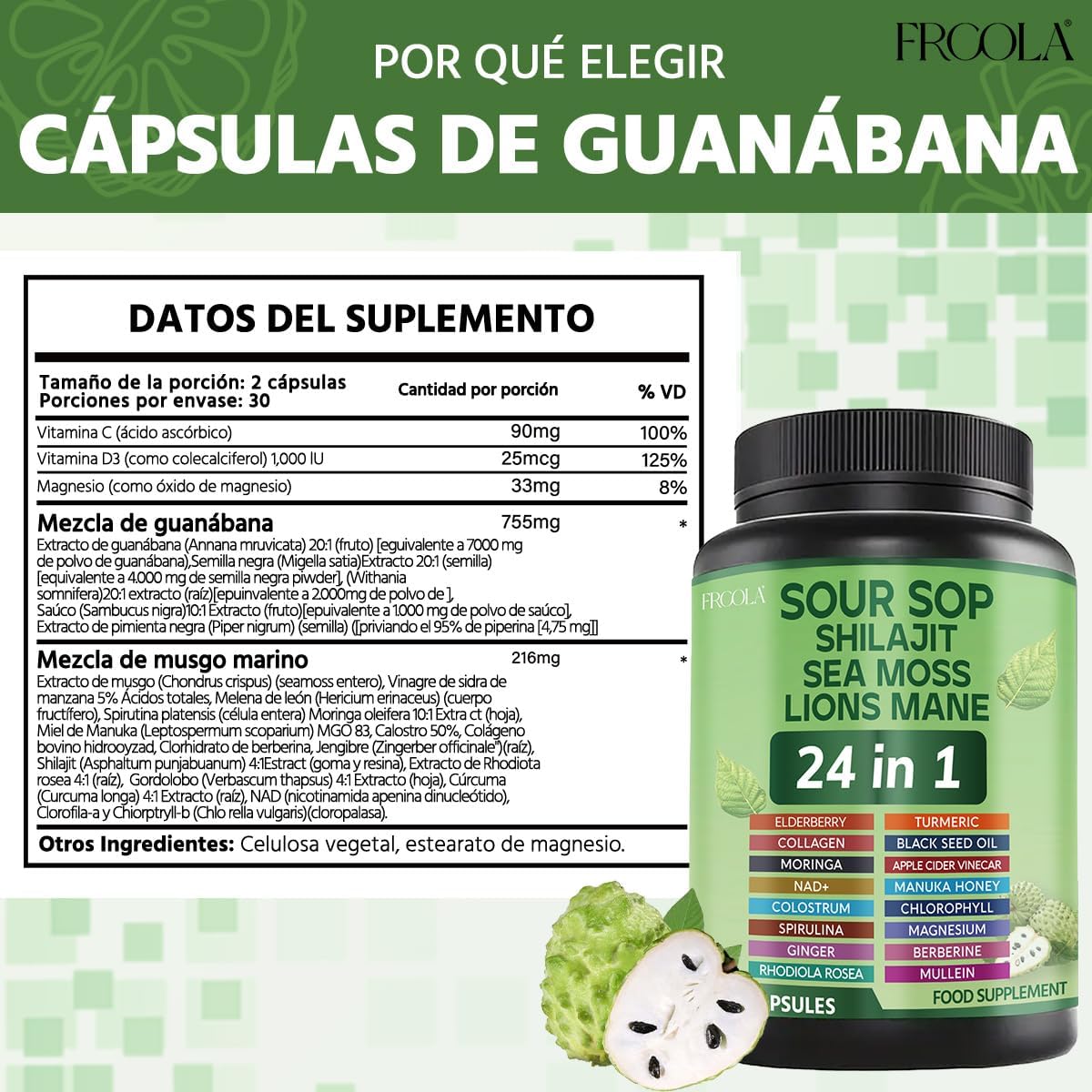 24-in-1 Soursop Graviola Capsules with Sea Moss, Shilajit, Lions Mane, Natural Supplement for Immune Support, Energy, Gut Health, Vegan, 60 Capsules - Image 6