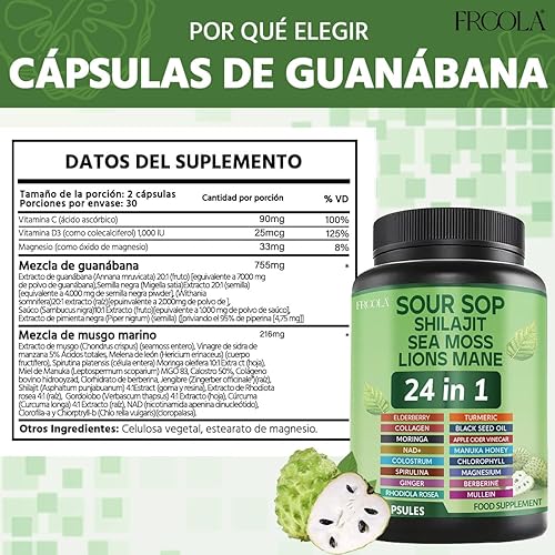 Miniatura 6 de Cápsulas de graviola de guanábana 24 en 1 con musgo marino, shilajit, melena de león, suplemento natural para apoyo inmunológico, energía, salud