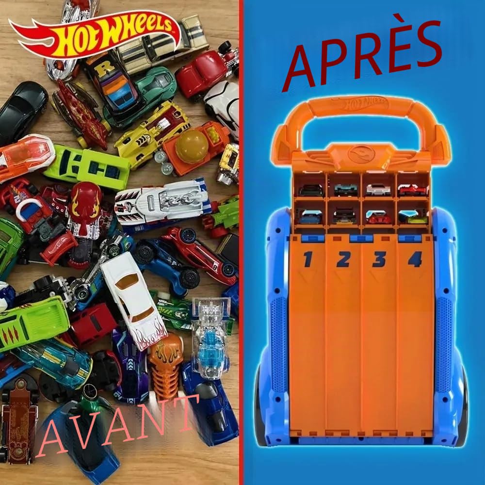 Cefa Toys HWCC14 Mallette de Protection de Voiture Lanceur Hot Wheels 2 en 1 avec capacité pour 20 Voitures. 4 Pistes différentes, Multicolore