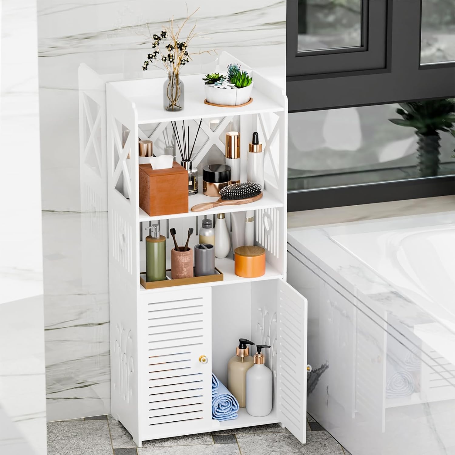 Bathroom Storage Cabine, Freestanding Bathroom Cabinet with Open Storage, Floor Standing Bathroom Cabinet, Bathroom Floor Cabinet with Door & Shelves for Kitchen, Bathroom White