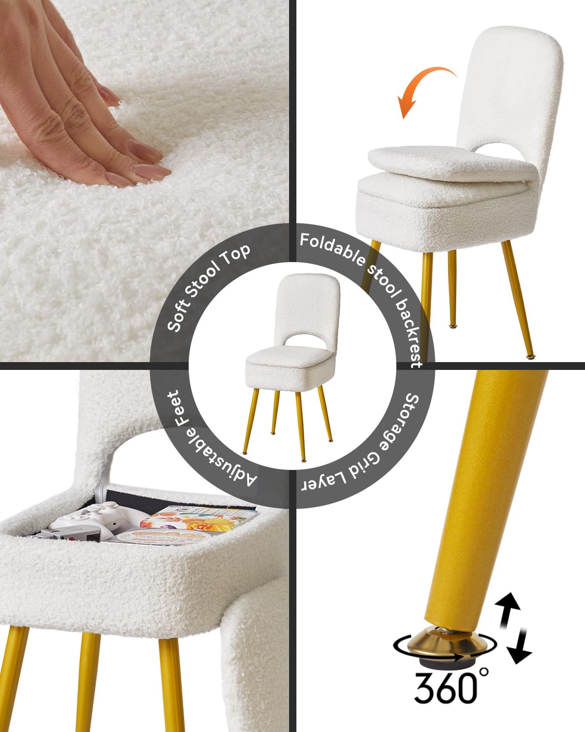 IBUYKE Chaise de Toilette de Rangement Compact avec Dossier Pliable, Ottomane carrée en Velours Teddy, Chaise de Maquillage pour Salon, 4 Pieds métalliques avec Patins Anti-dérapants, Blanc WBD027W