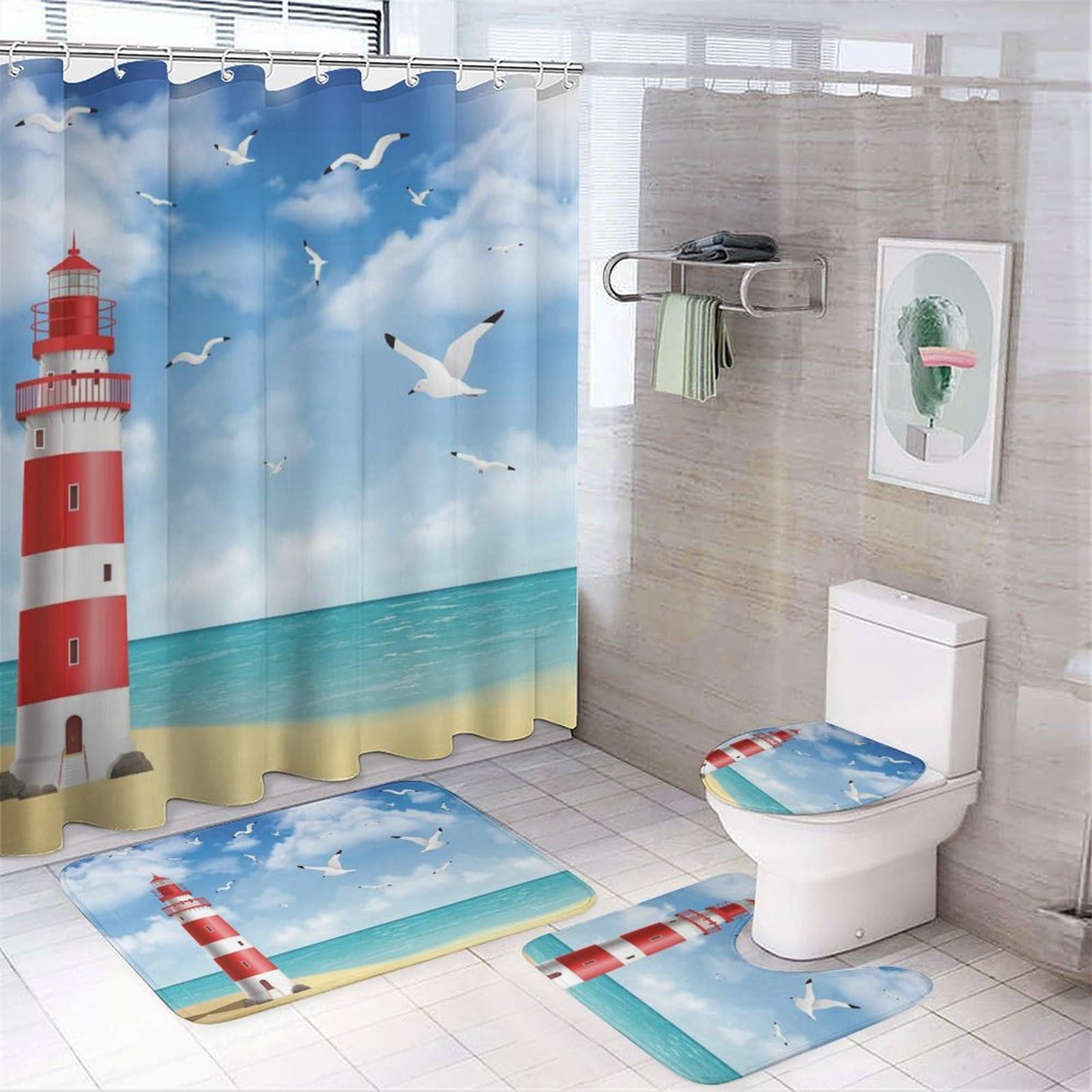 JZemdybill Bathroom Mat Set 4 Piece, Lighthouse Shower Curtain with Non-Slip Bath Mats for Bathroom