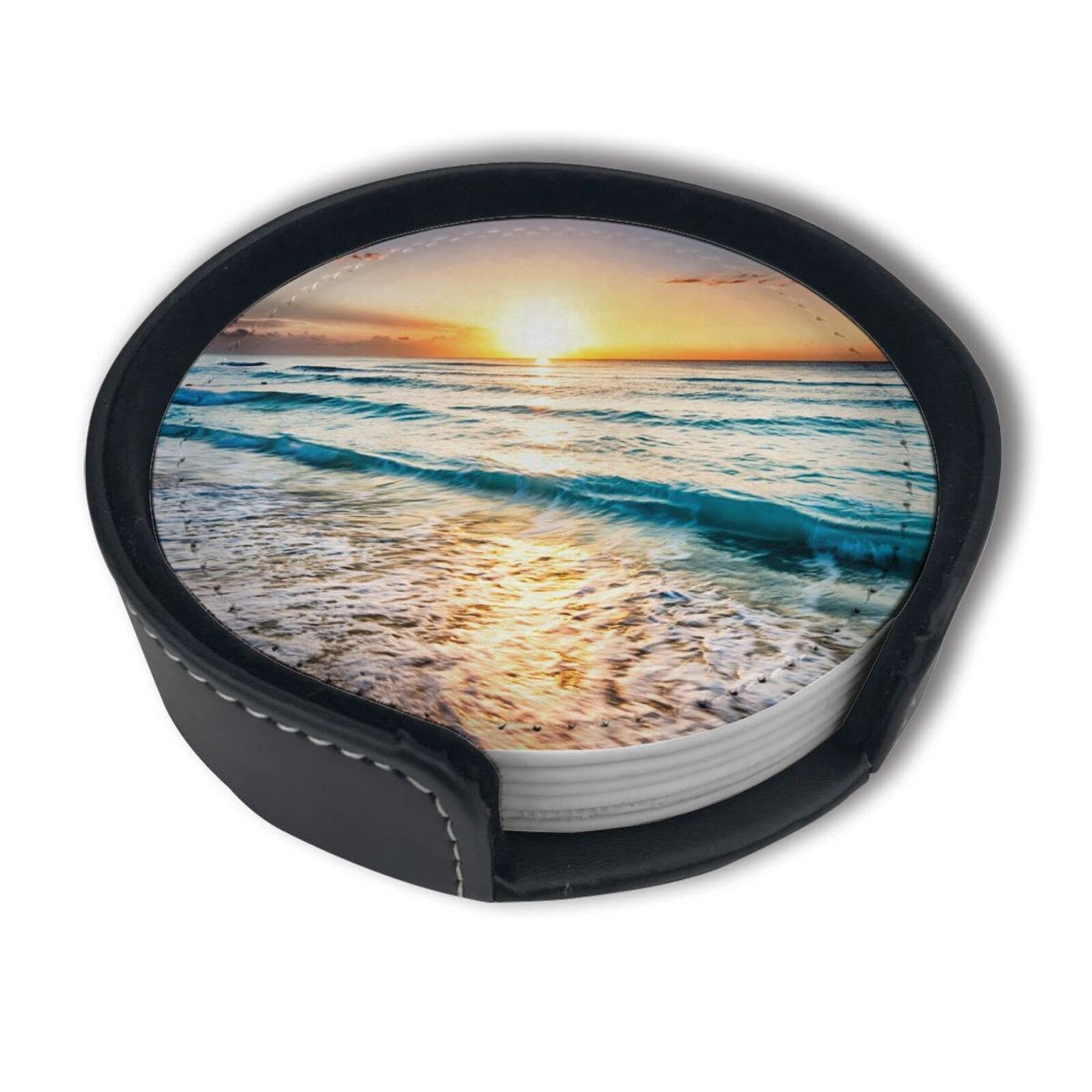 Ocean Theme Sand Beach Wave Sea Water Pattern Leather Drinks Coasters with Holder Set of 6, Suitable for Kinds of Cups