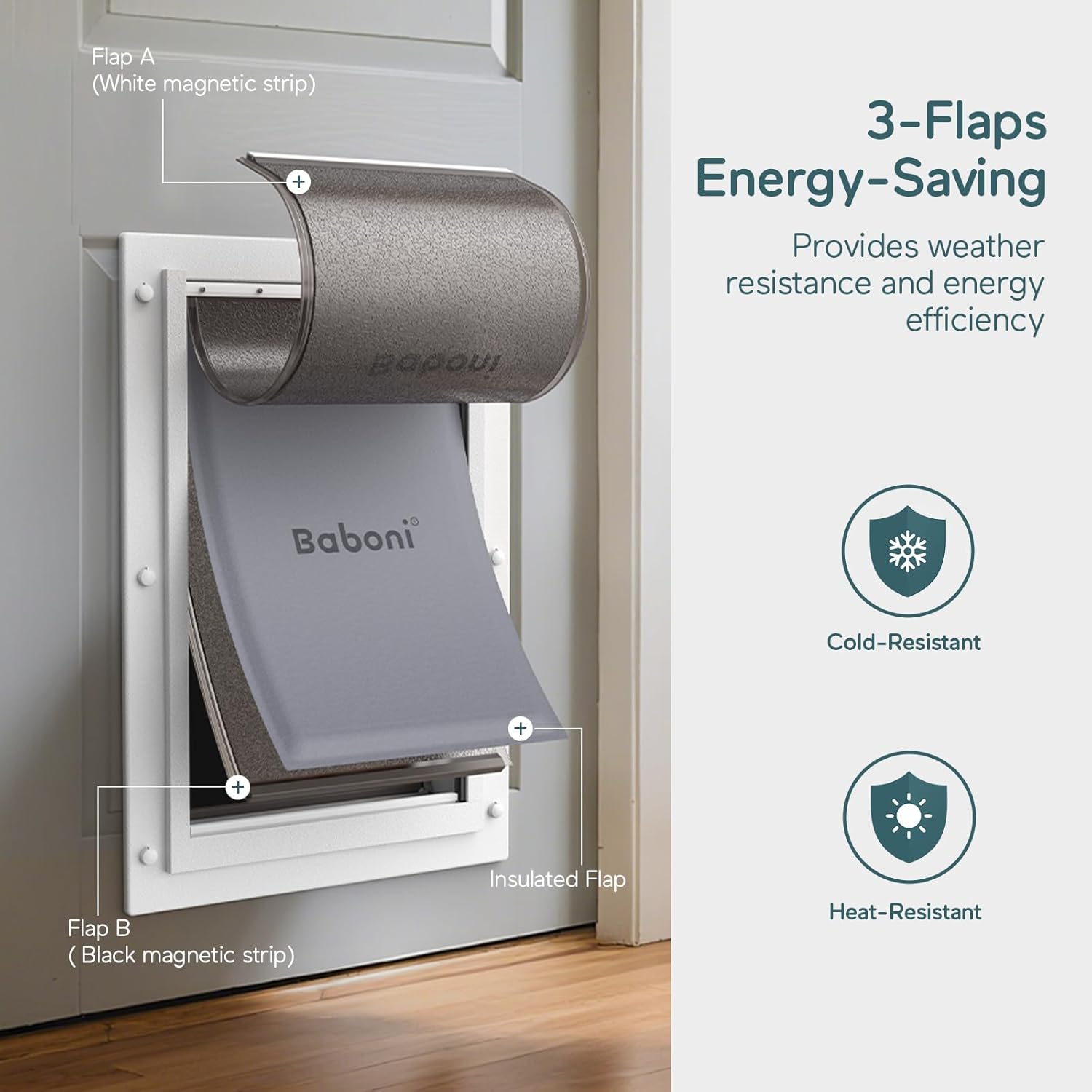 Baboni 3-Flaps Pet Door for Interior and Exterior Doors, Durable Plastic Frame and Telescoping Tunnel, Aluminum Lock/Metal Panel, Strong Magnetic Flaps, Never Rust Dog Door (Pets Up to 100 Lb) -Large Large for Door(Plastic Frame)