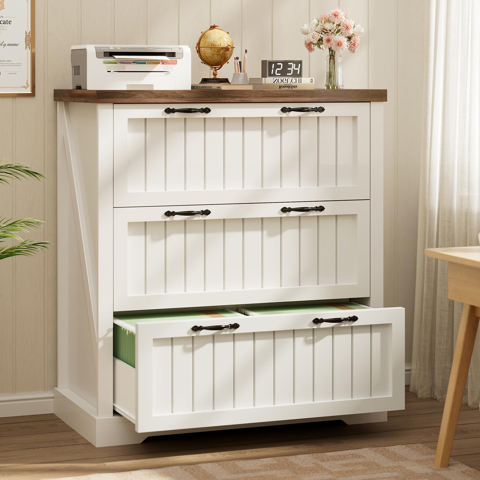 3 Drawer File Cabinet, Farmhouse Filing Cabinet for Home Office, Wood Office File Cabinets for Letter/Legal/A4 Size, Lateral File Cabinets with Printer Stand, White + Brown