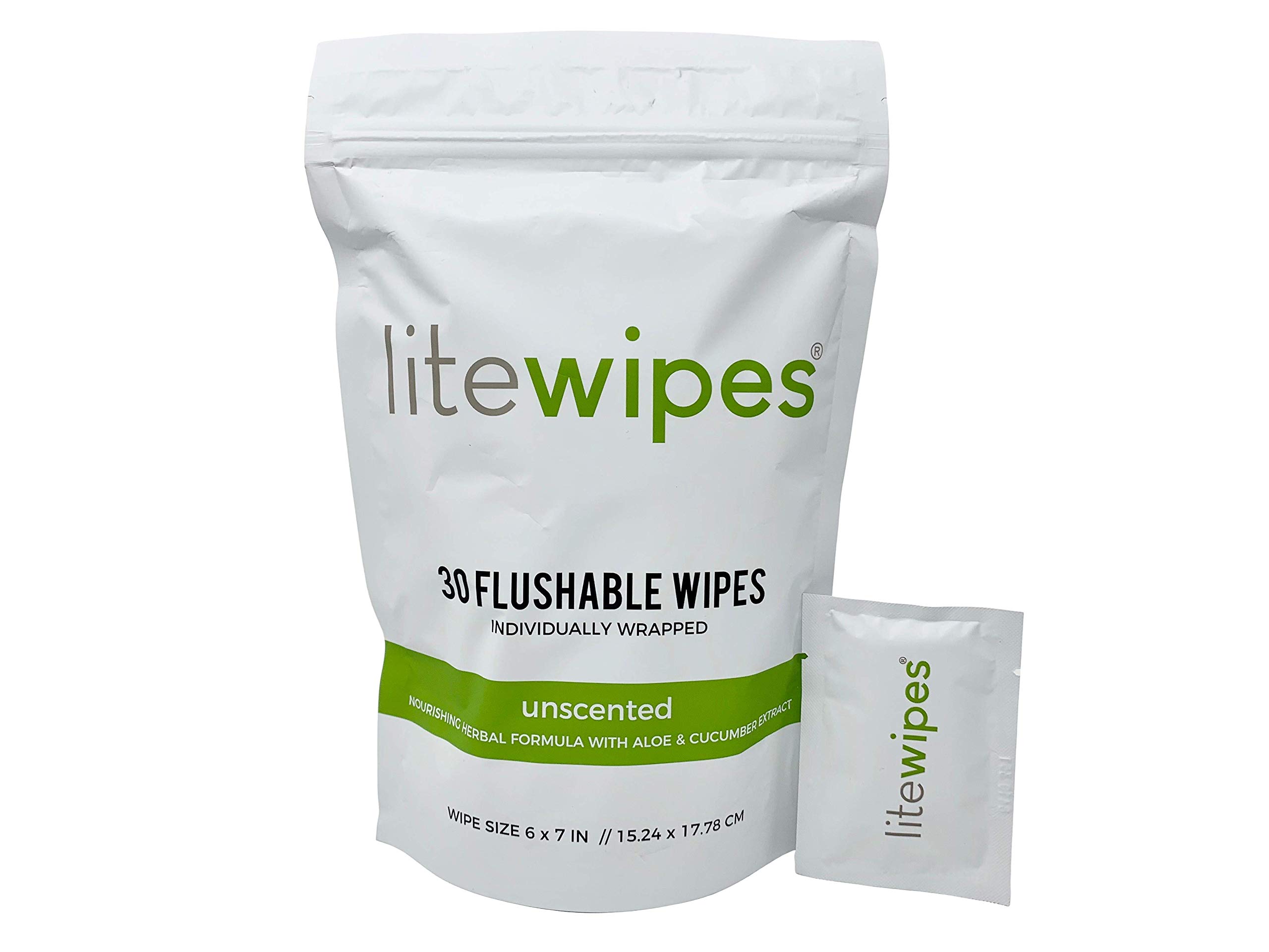 Litewipes Individual Flushable Wipes for Adults, Unscented with Aloe & Hypoallergenic, Made in USA (30 Single Wrapped Biodegradable Personal Cleansing Wet Wipes)