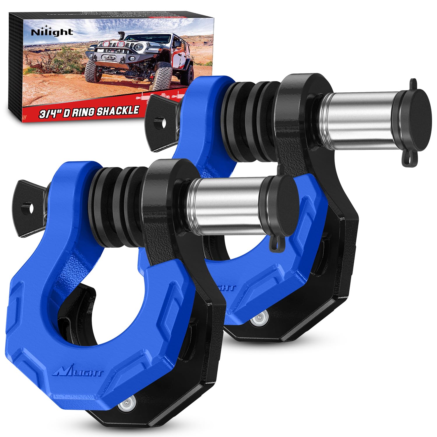 Nilight 2 Pack 3/4" D-Ring Separate Shackle 45,000 Lbs Break Strength | Includes 7/8" Lock Pin, Isolators and Washers Off Road Recovery, for Tow Strap Winch Truck Vehicle Black&amp;Blue