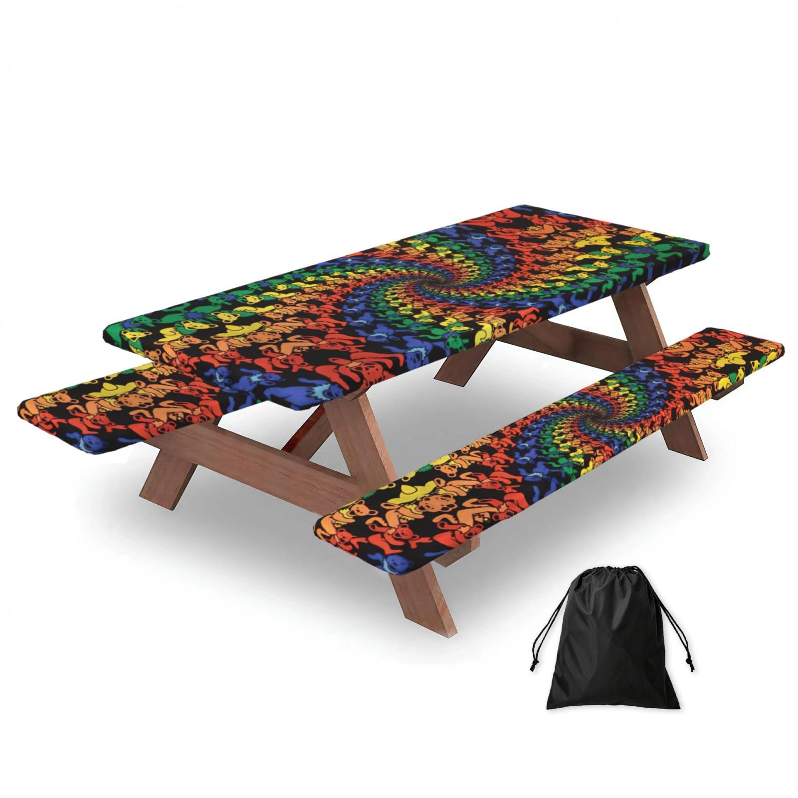 Zyjhyy Black Bear Dancing Tie Dye Print Party Table Covers With Bench Covers Set Of 3 Picnic Table Cloth Wipe Clean For Garden Camping