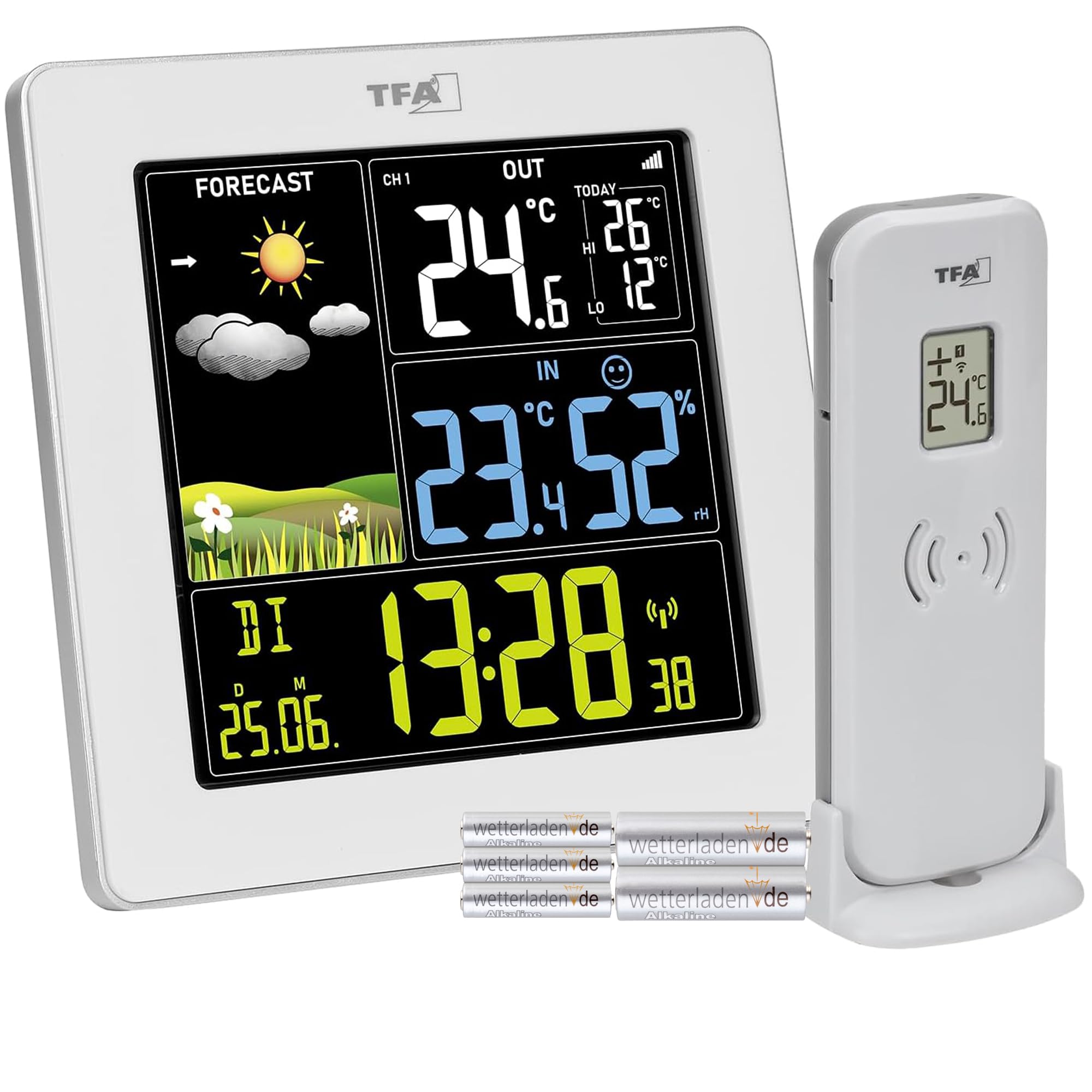 TFA Dostmann Stazione meteo digitale radio con sensore esterno SUN2, 35.1174, temperatura interna ed esterna, grande display a colori, con clima abitativo, orologio radio con data, igrometro, con