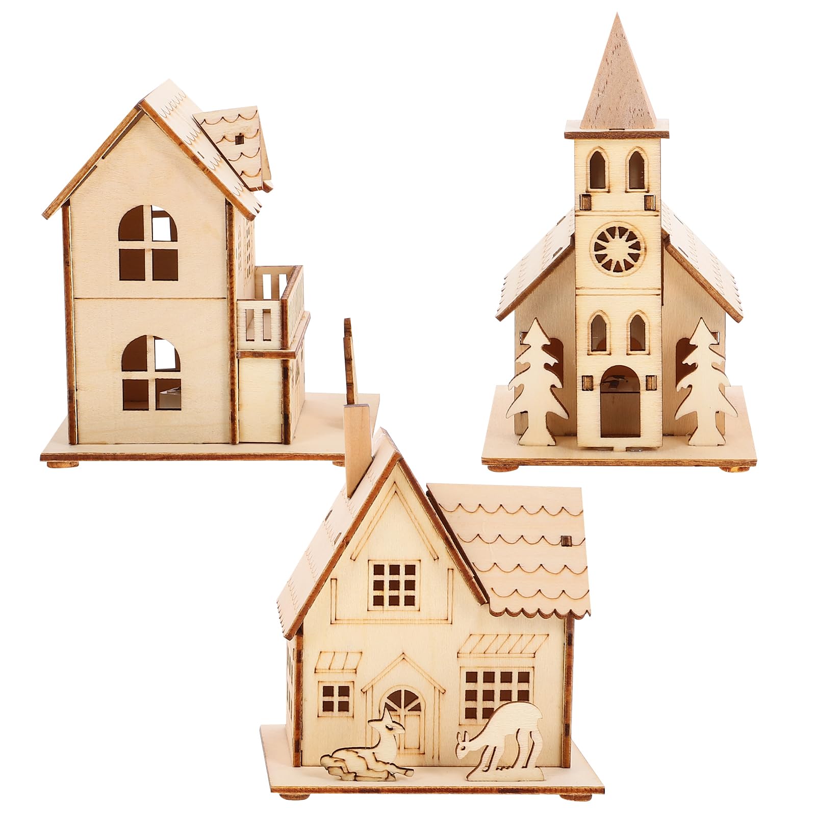 NUOBESTY 3pcs Christmas Wood Village LED Luminous House Xmas Style Ornaments Village Chistmas Scene Festival Wood Craft Light Brown
