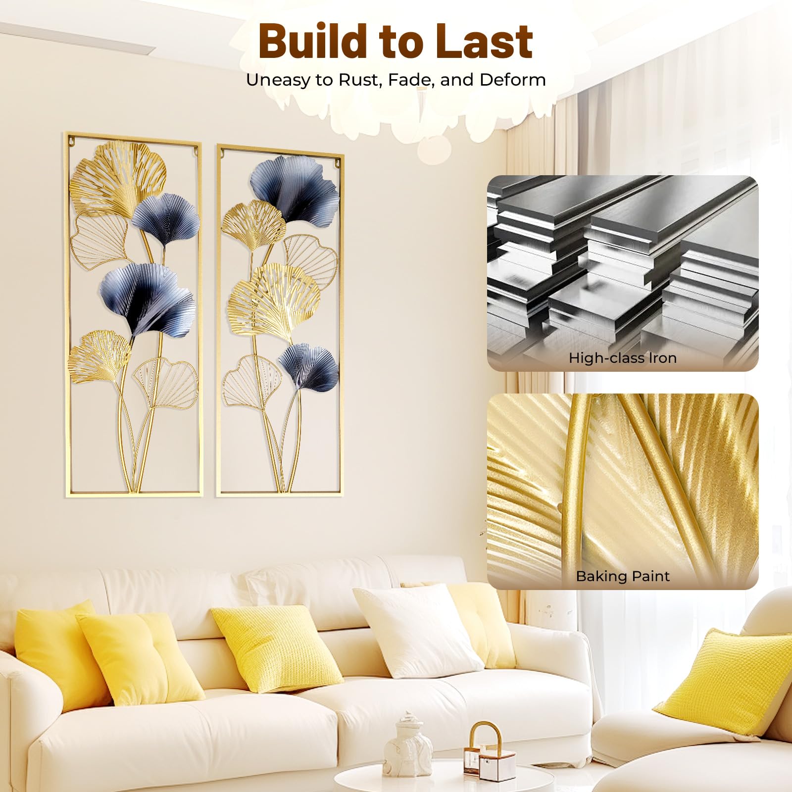 Objeto Decorativo de Pared Ginkgo - Escultura 3D de Hierro para Salón, Dormitorio y Comedor - 2 Piezas