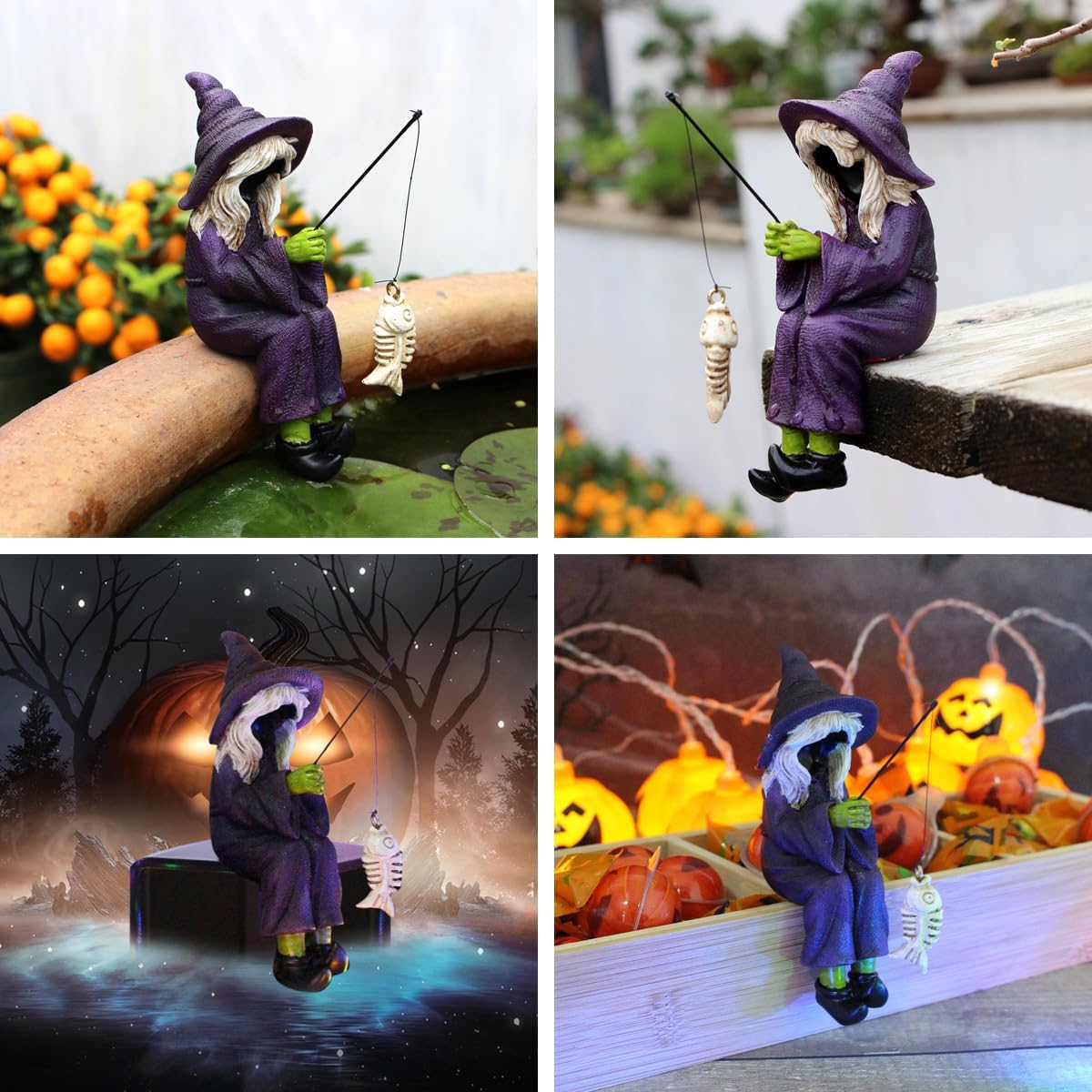 Witch Fishing Skeleton Fish Halloween Creative Funny Desktop Ornament Home Outdoor Landscape Gift Halloween Essential Decoration image 4