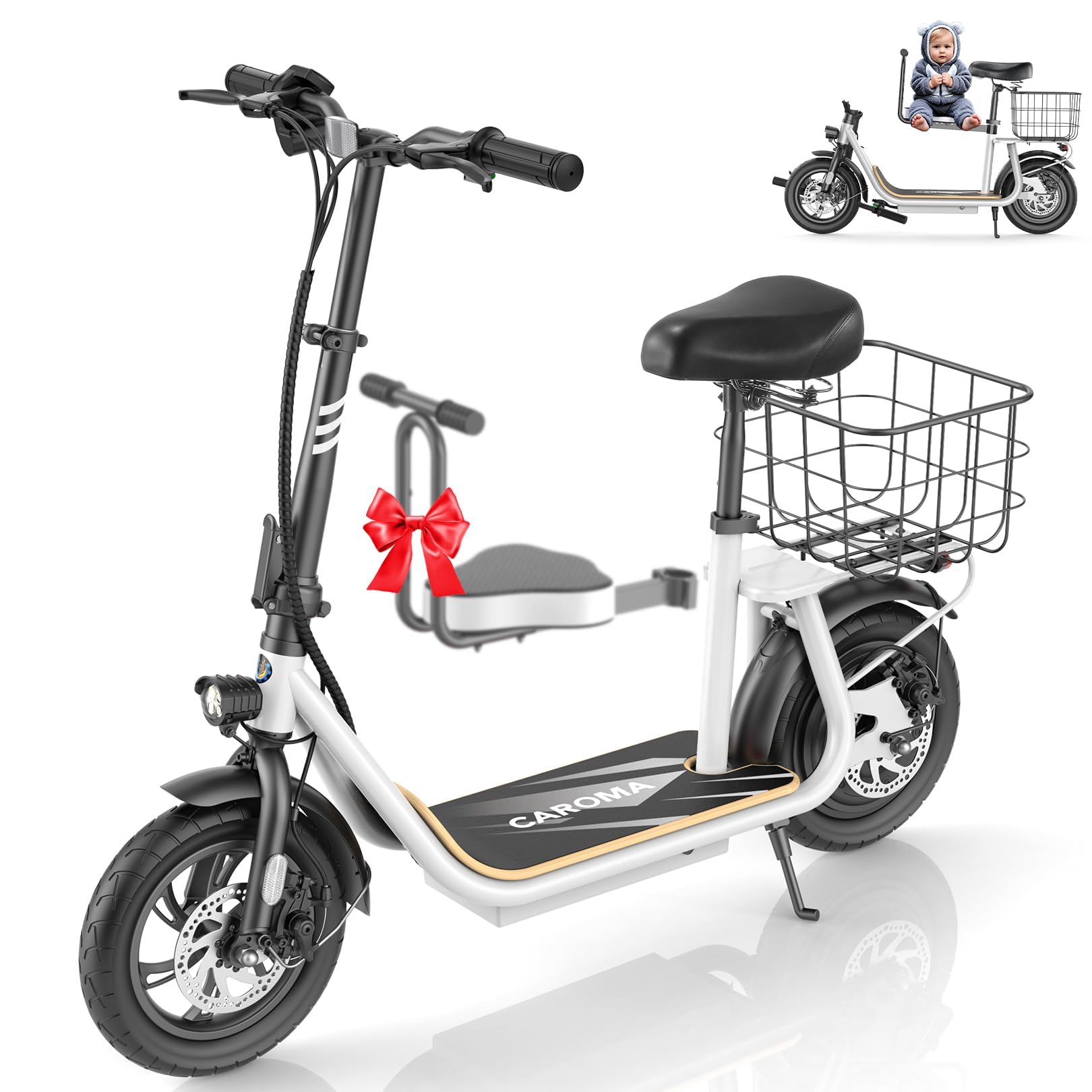 Caroma Electric Scooter with Seat, Max 30 Miles Range&20MPH Speed, Peak 800/1200W Motor, Foldable Electric Scooter for Adults and Teens, Commuter E Scooter with Basket&Adjustable Kid Seat