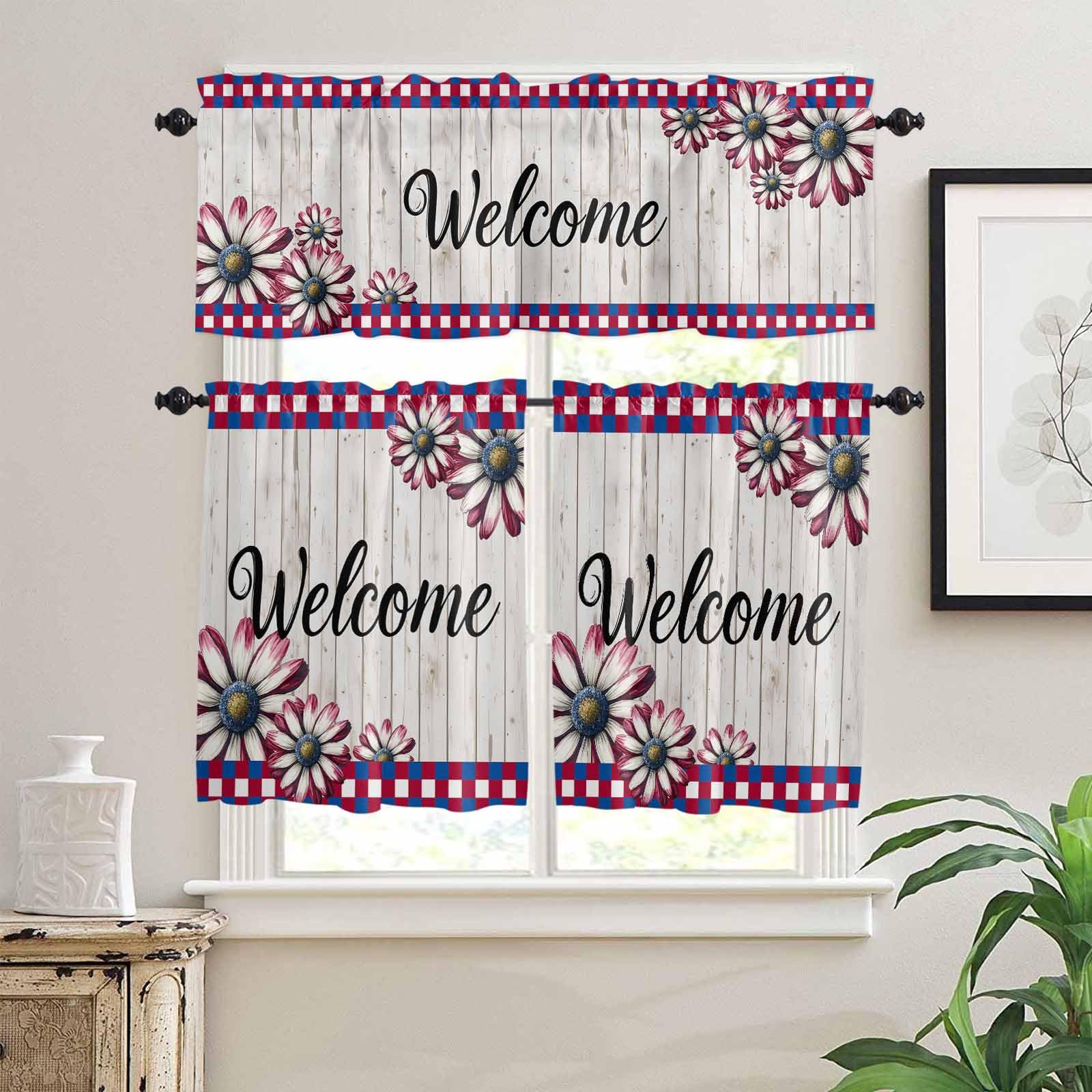 Red Blue Daisy Kitchen Curtains 36 Inch Length, 3 Piece Rod Pocket Small Half Tiers and Valance Set, Welcome Plaid Vintage 4th of July Small Large Window Treatment Decor for Bedroom/Bathroom Sink