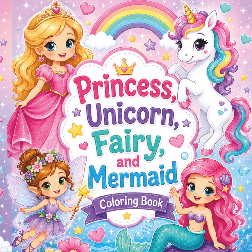 Princess Unicorn Fairy and Mermaid Coloring Book: Bold & Easy Fantasy Coloring Pages for Kids Featuring Princesses, Mermaids, Fairies, Unicorns, Castles, Rainbows, and Magical Adventures