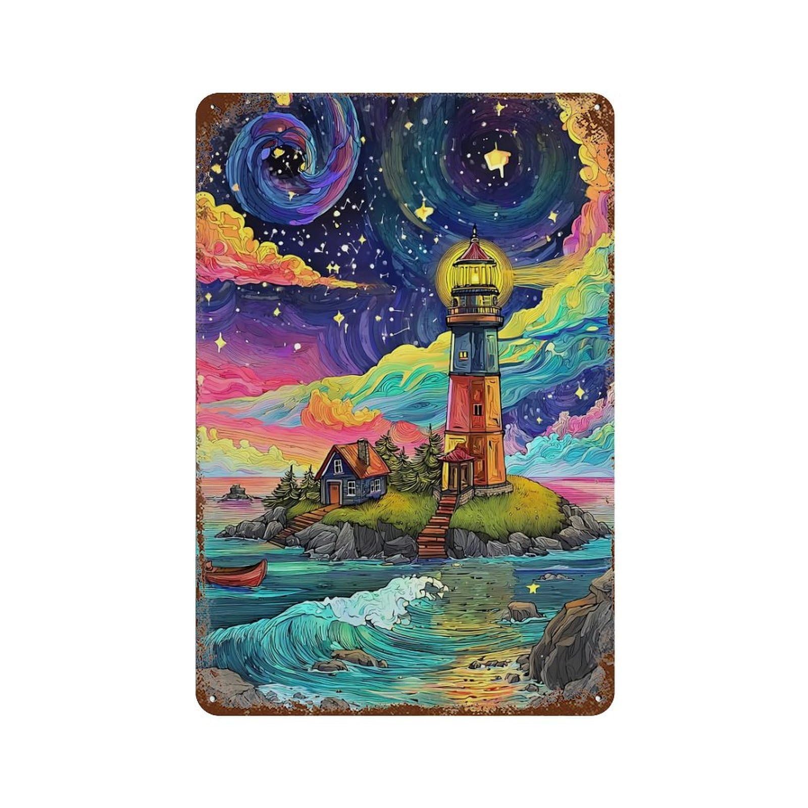 Distressed Metal Wall Sign with Whimsical Lighthouse Coastal Scene -1 Design 11.8"x7.9", for Cafe, Home Bar And Lounge Decor, Retro Wall Decor