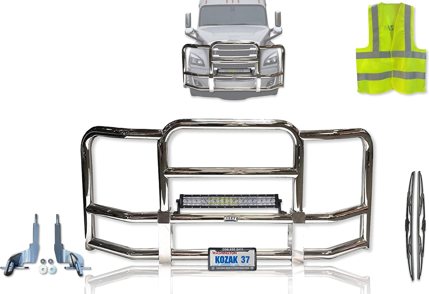 Full Front Bumper Grille Deer Brush Moose Guard Compatible with Freightliner Cascadia 2018+ - Chrome Square - 22" LED Bar, License Plate Holder, Brackets,Included