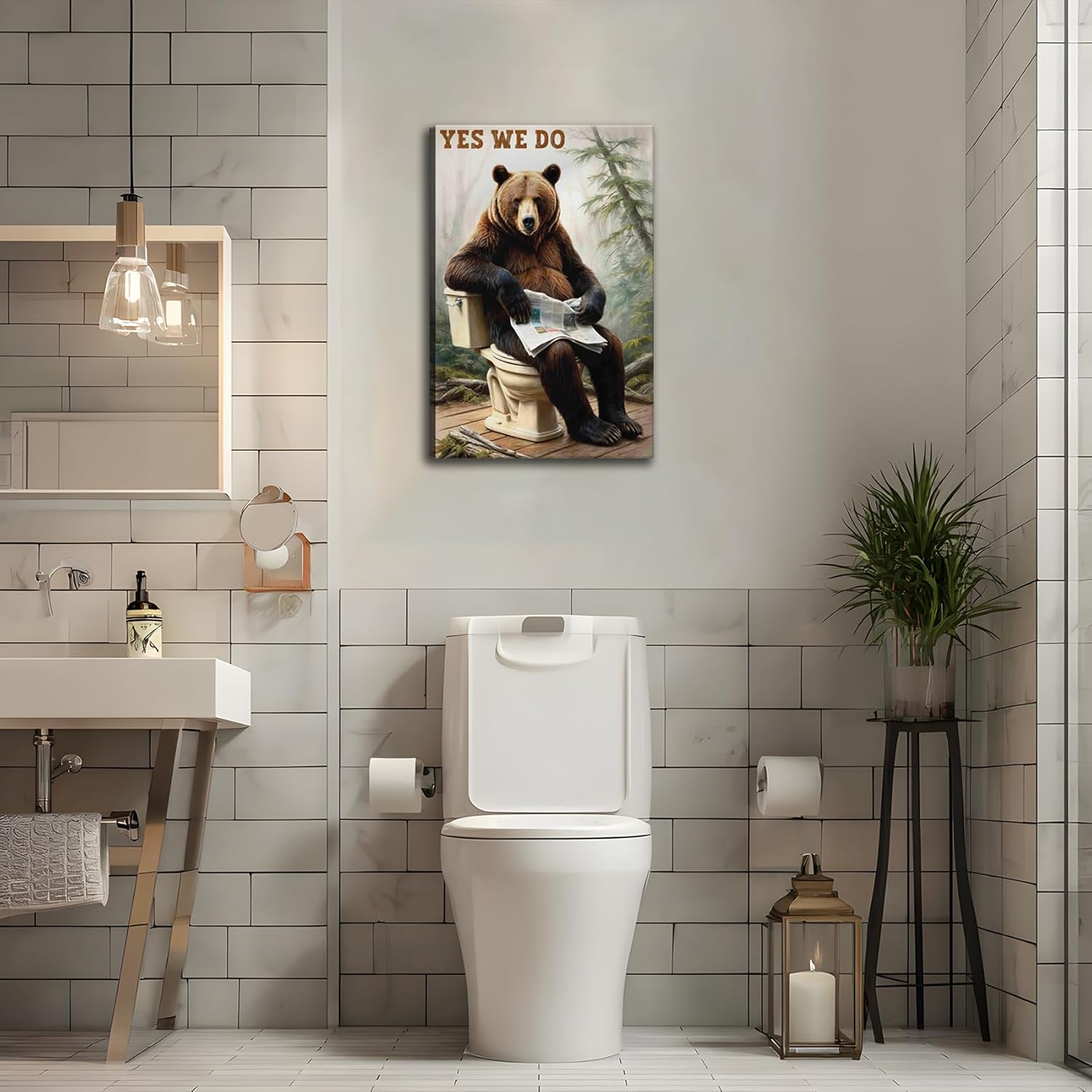 Bear Bathroom Canvas Wall Art Picture Funny Forest Animal Poster Prints Humorous Bear Sitting On The Toilet Painting Wall Decor for Washroom Restroom 16x24in Framed Ready To Hang - Image 4