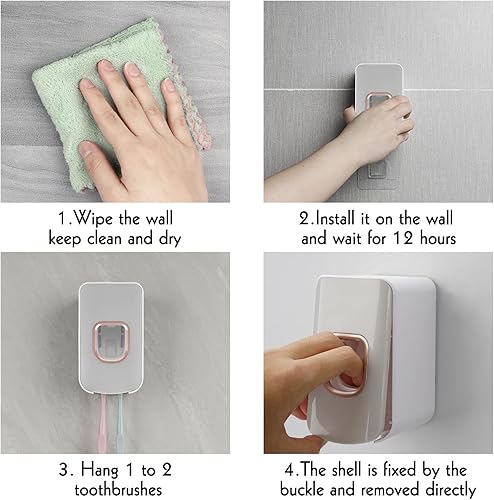 Miniatura 5 de Soporte para cepillos de dientes con 2 ranuras y dispensador de pasta de dientes montado en la pared, exprimidor automático de pasta de dientes, 2