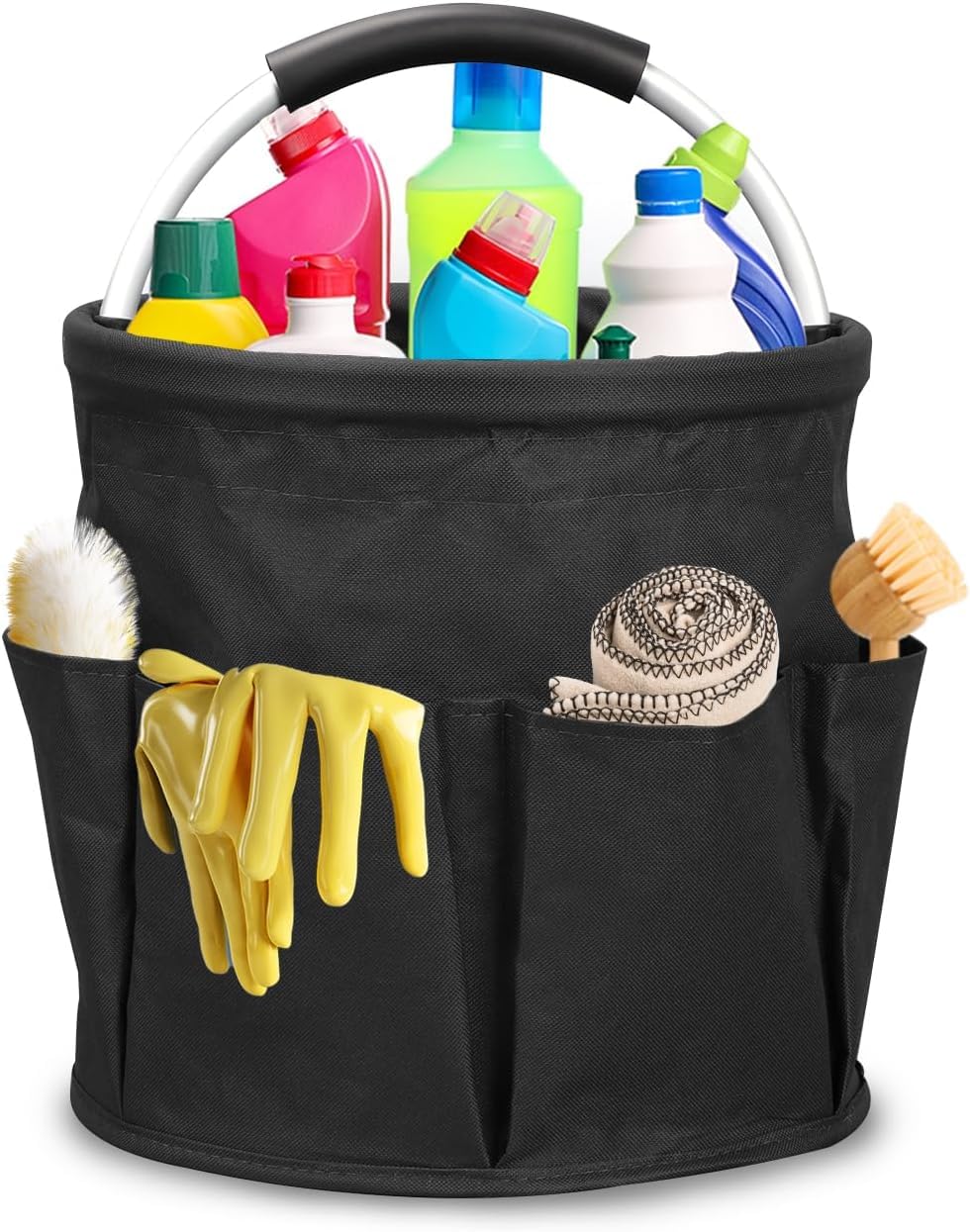 TLINGMEIXIAN Foldable Cleaning Caddy with Handle, Multi-Pocket Organiser Basket for Cleaning Supplies, Portable Space Saving Storage Tote black-Xian