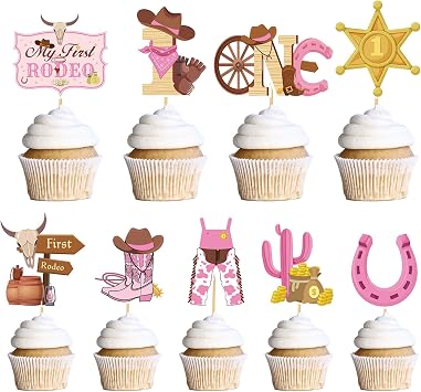 Wxiben My First Rodeo Decorations Girls, 36PCS Western First Rodeo Cupcake Toppers Birthday Decor, Cowgirl 1st Birthday Party Decor Supplies