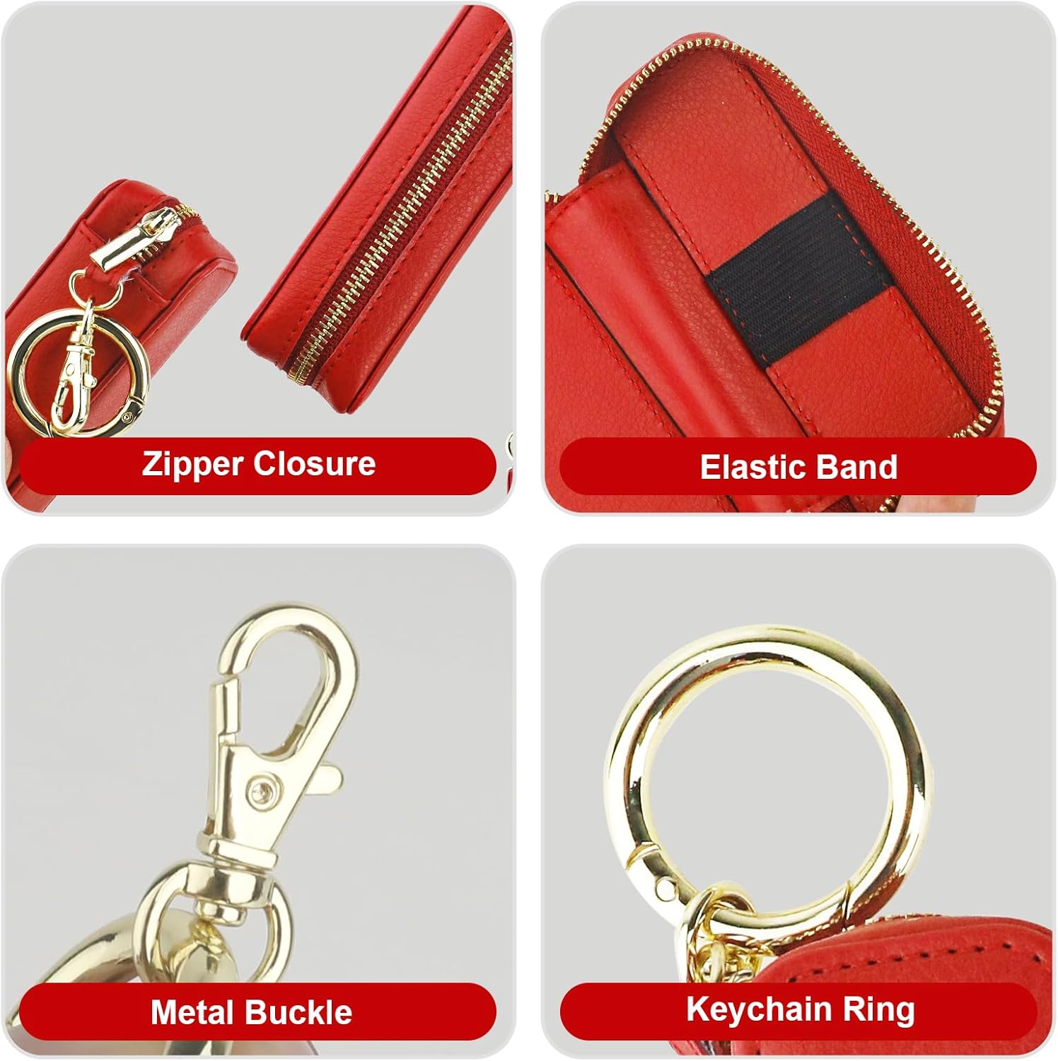 Bocasal Leather Lipstick Case Holder Chapstick Keychain Pouch, Zipper Lip Balm Lip Gloss Bag for Purse with Key Chain Elastic Band, Makeup Travel Organizer, Cosmetic Storage Kit for Women Girls (Red)