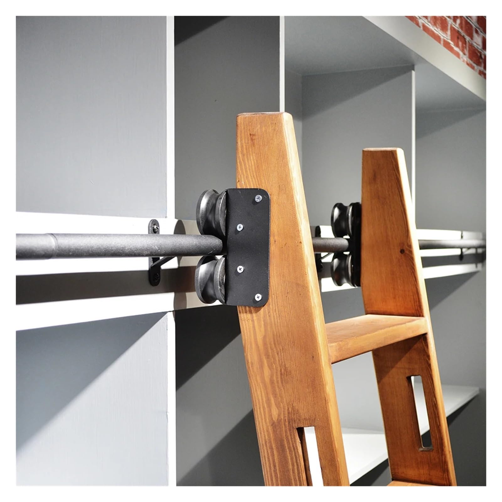 Échelle de bibliothèque coulissante Noire 200cm, Ensemble Complet matériel Roulant, Kit Rails sans échelle, Rouleau Sol avec Frein Échelle de bibliothèque roulante