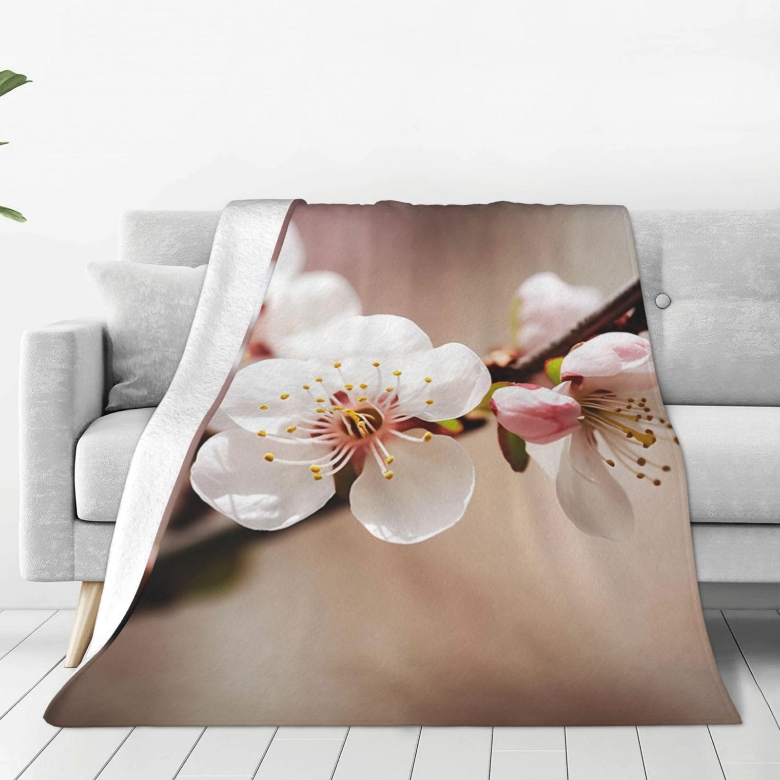 Cherry Blossom Throw Blanket 50"x40" Flannel Fluffy Warm Blanket for Couch, Reversible Plush Blankets for Bed, Comfy Fuzzy Blanket for Sofa, Plush Lightweight-Blankets for All Season