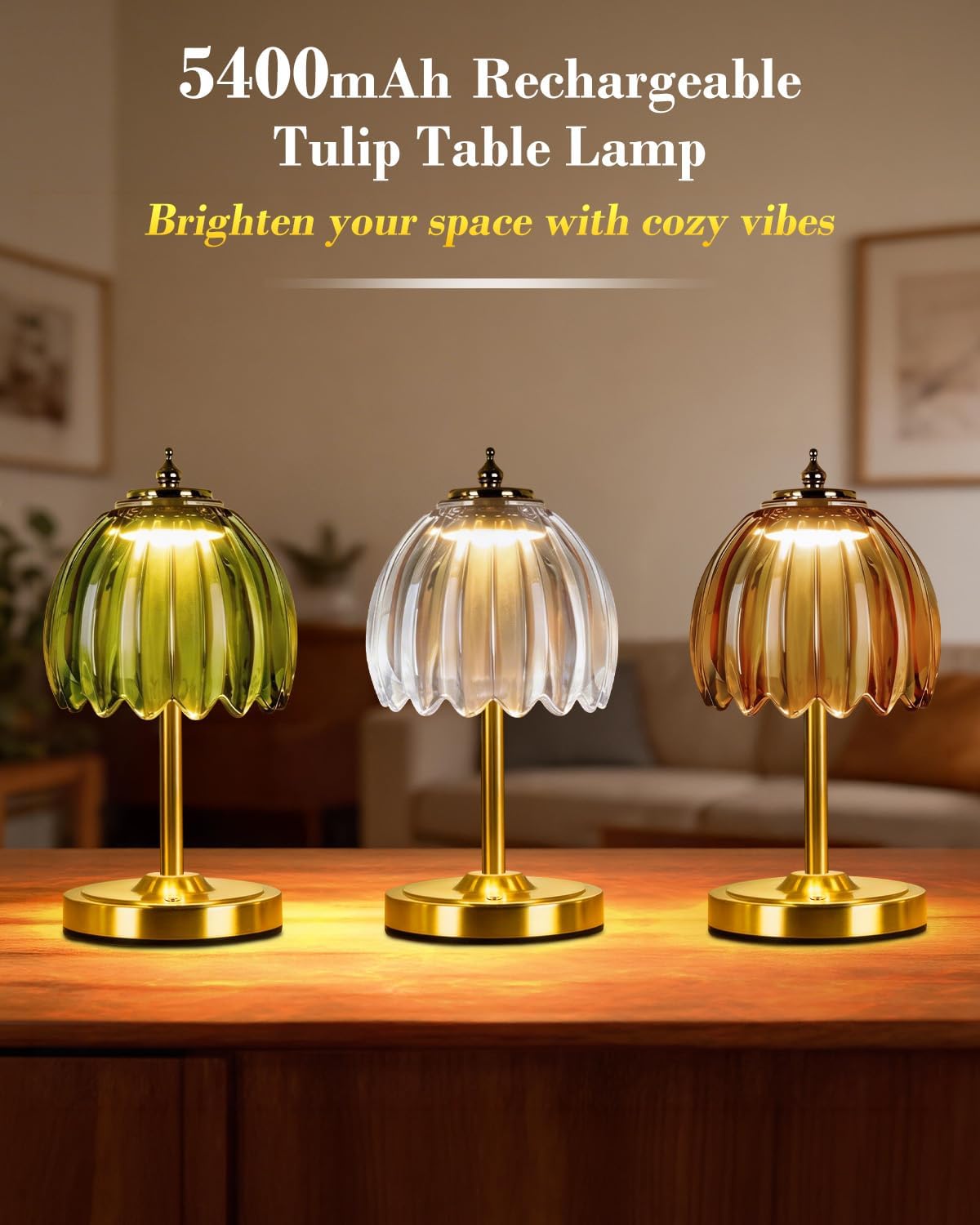WERFOP Tulip Glass Table Lamp, 3 Color Temperatures & Touch Control Desk Lamp 5400mAh Cordless Rechargeable Bedside Lamp for Living Room, Bedroom, Desk, Entrance（Green）