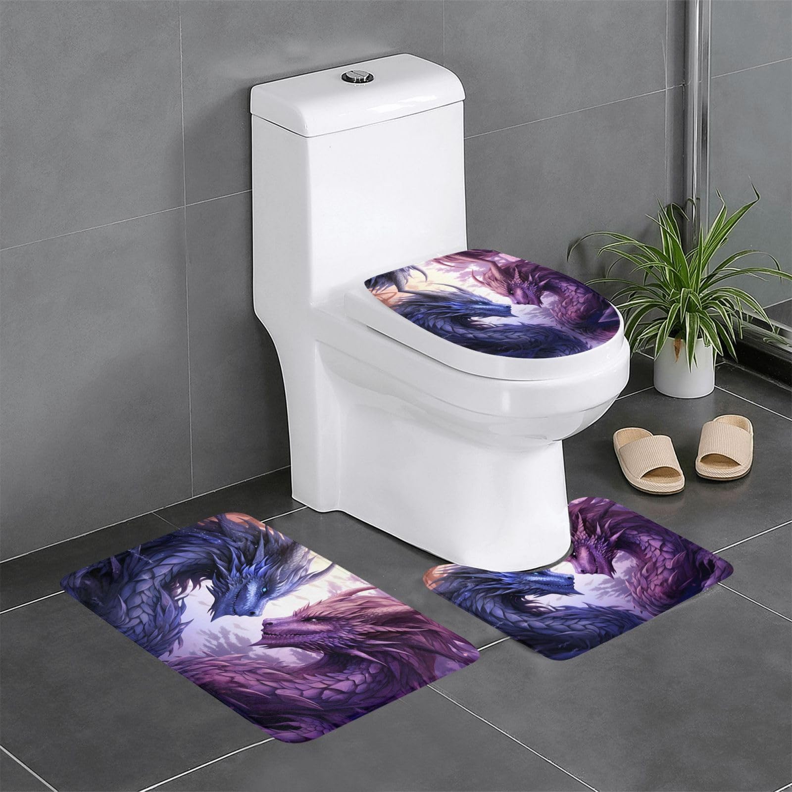 Tapis de salle de bain dragons pour coiffeuse et WC ensemble violet 3 pièces
