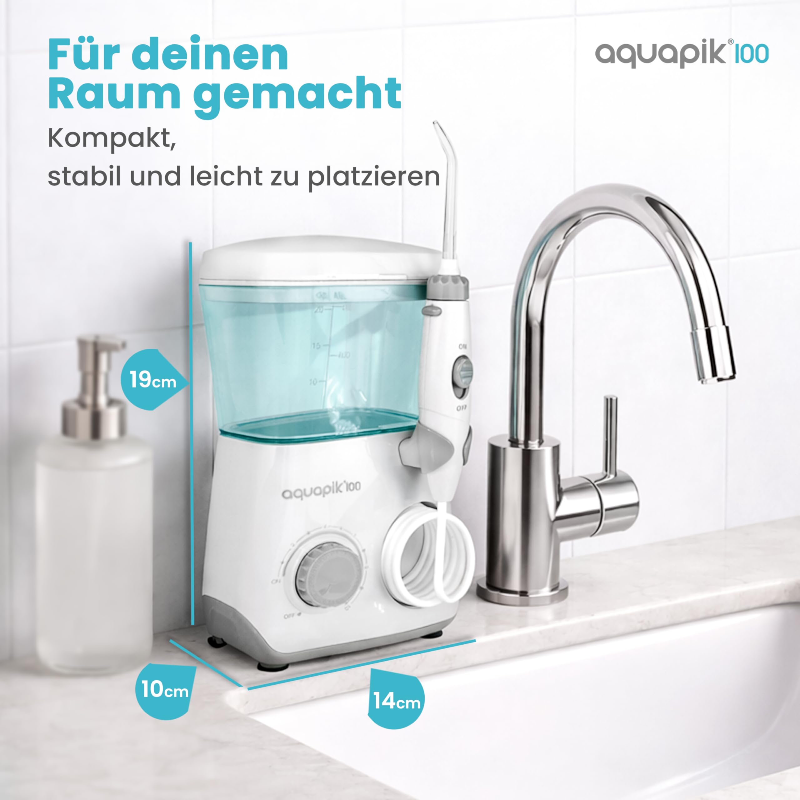 Aquapik® 100 Munddusche 600 ml 10 Stufen 8 Aufsätze Water Flosser Weiß.