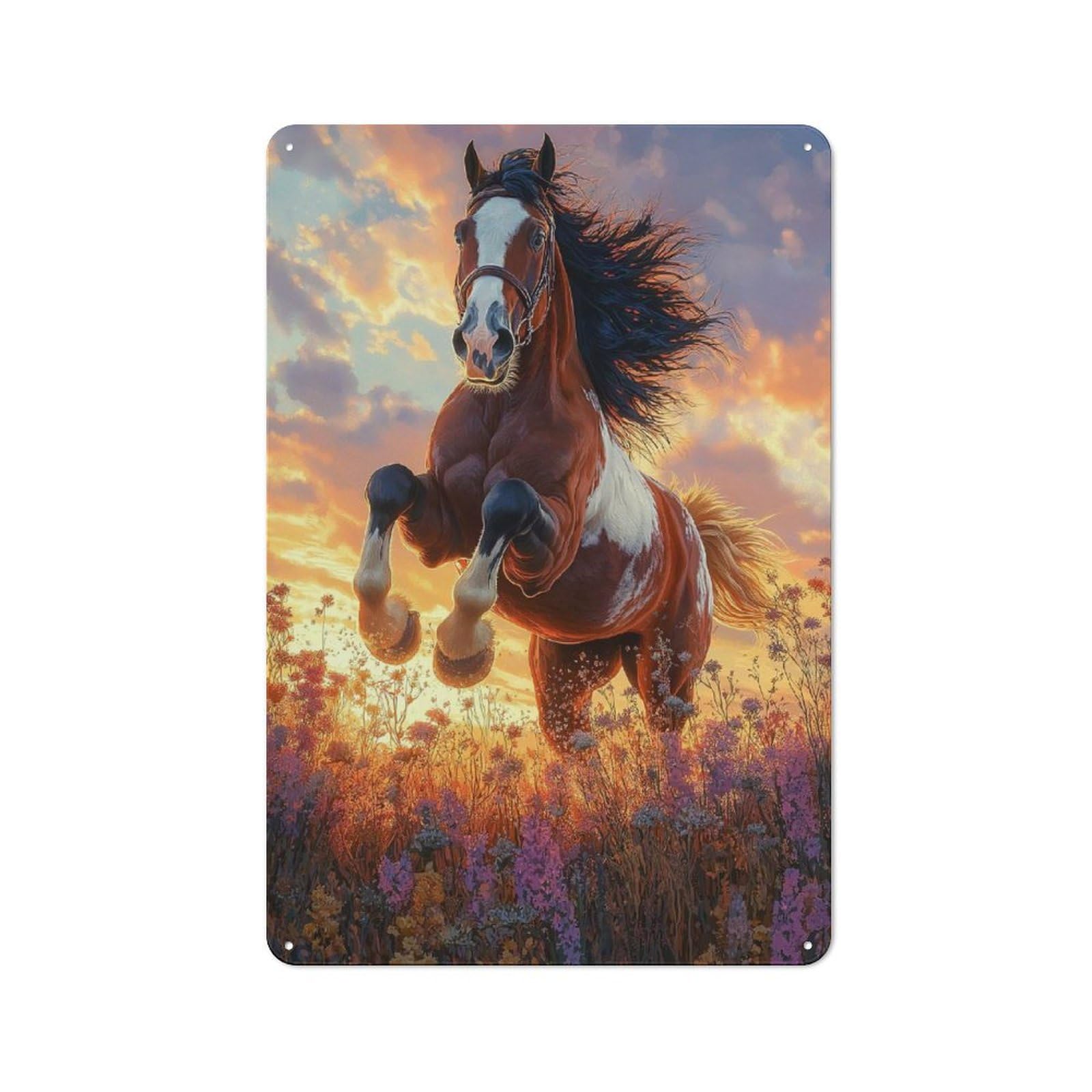 Horse Leaping at Sunset in Field of Flowers Country Metal Wall Decor 30x20cm, Tin Wall Plaque for Cottage, Kitchen, Hallway Or Breakfast Nook