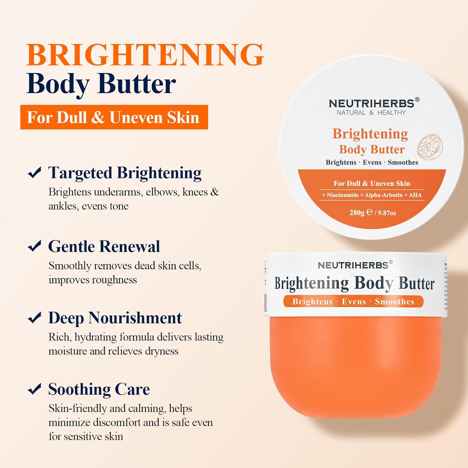 Neutriherbs Brightening Body Butter 280G – Moisturising Body and Radiant Dull Skin Body Cream for Dark Underarms, Knees & Elbows – Niacinamide, Arbutin & Shea Butter Dry Skin Moisturiser