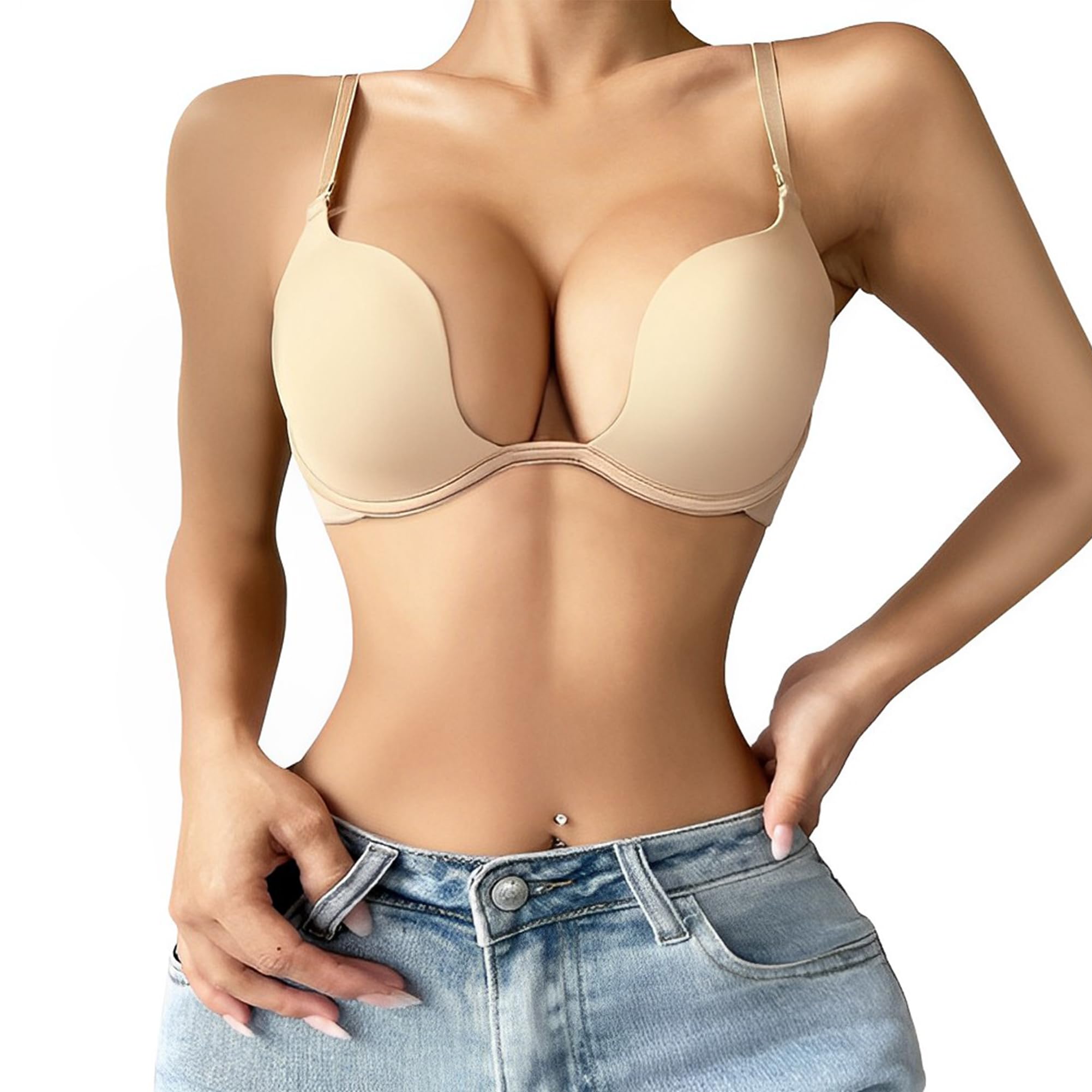 varsmiss Women's Deep Plunge Multi-Way Convertible Bra Underwire Padded Push Up Bra with Clear Strap