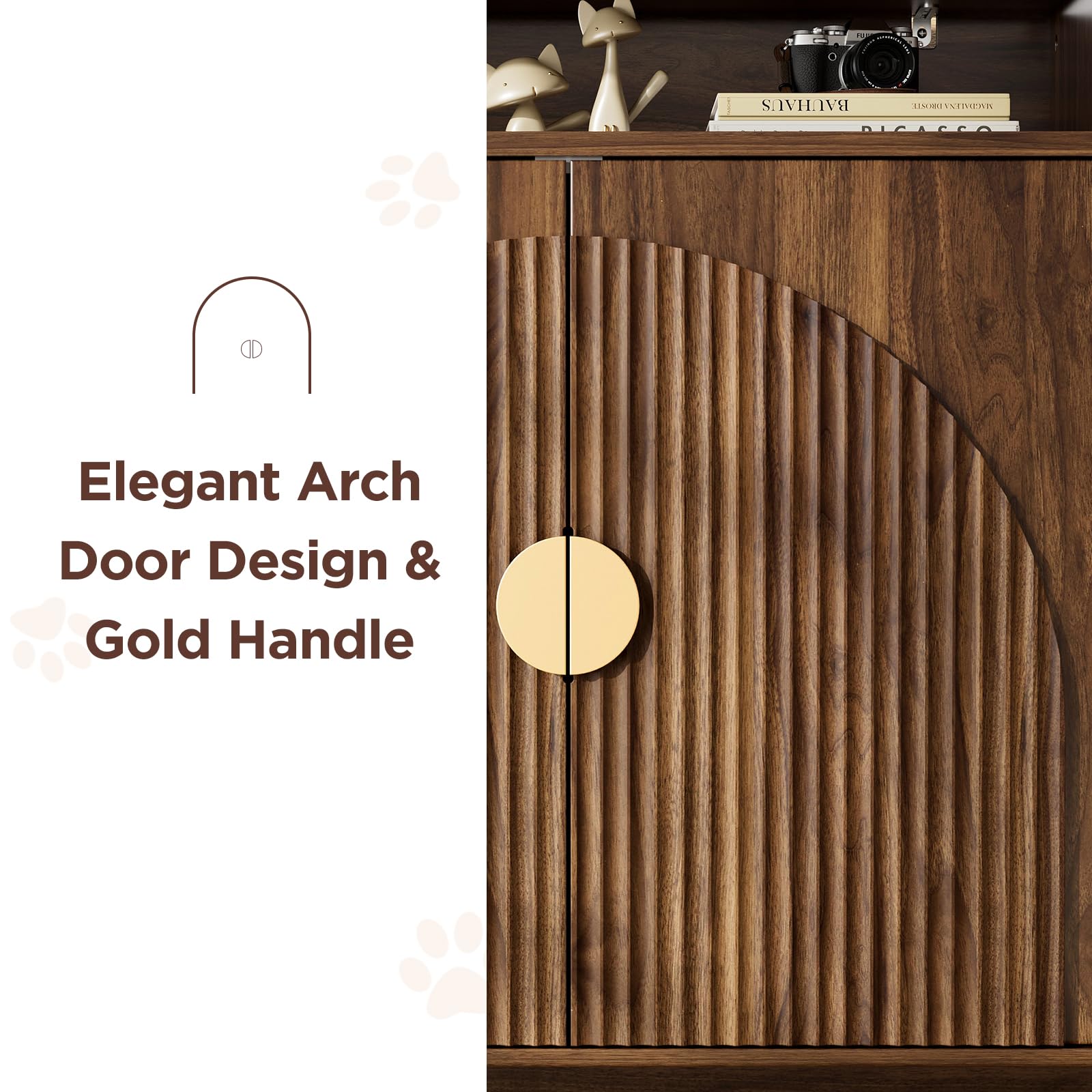 Cat Litter Box Enclosure, Cat Litter Box Furniture with Storage, Modern Fluted Arched Hidden Litter Box with Dual Entry, Waterproof Cat Box Enclosure, Side Table, Walnut - image 5