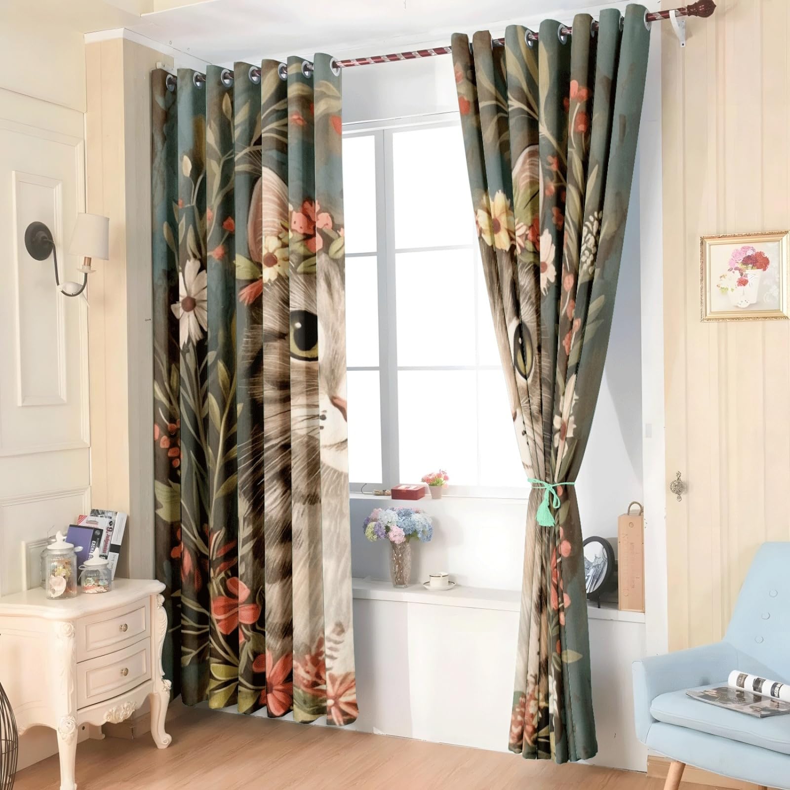 Curtain Retro Grün Braun Vorhang mit Ösen Verdunkelungsvorhänge Polyester Gardinen Waschbar Blackout Curtain Living Room Vorhänge mit Ösen Schlafzimmer Verdunklungsvorhang Thermogardine 2x140x160cm