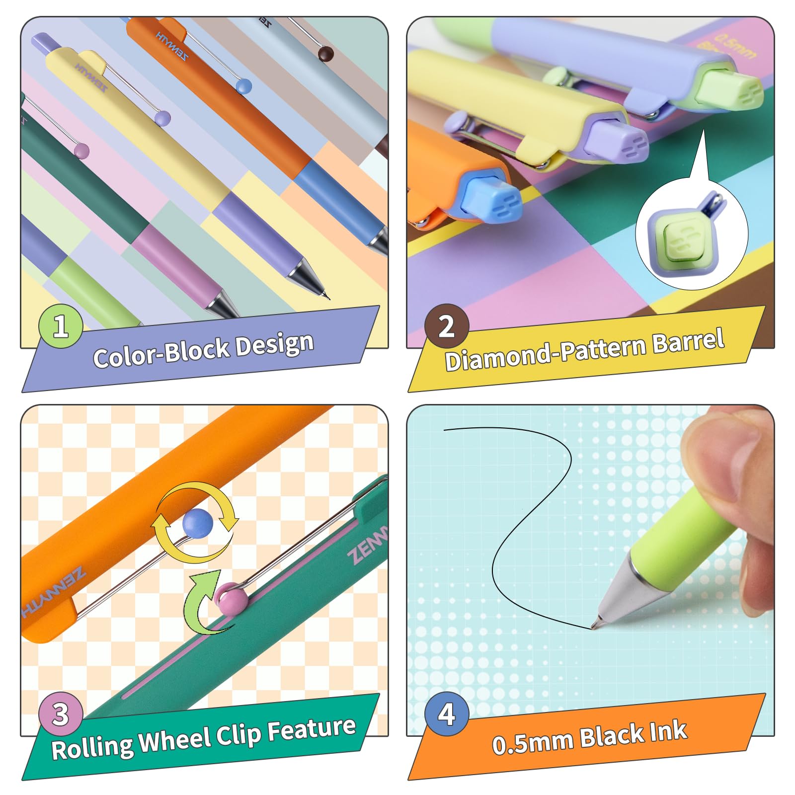 5-Pack Gel Pens 0 5mm Fine Point Black Ink Retractable Pens with Diamond Barrel Smooth Quick-Dry Writing Pens — view 2