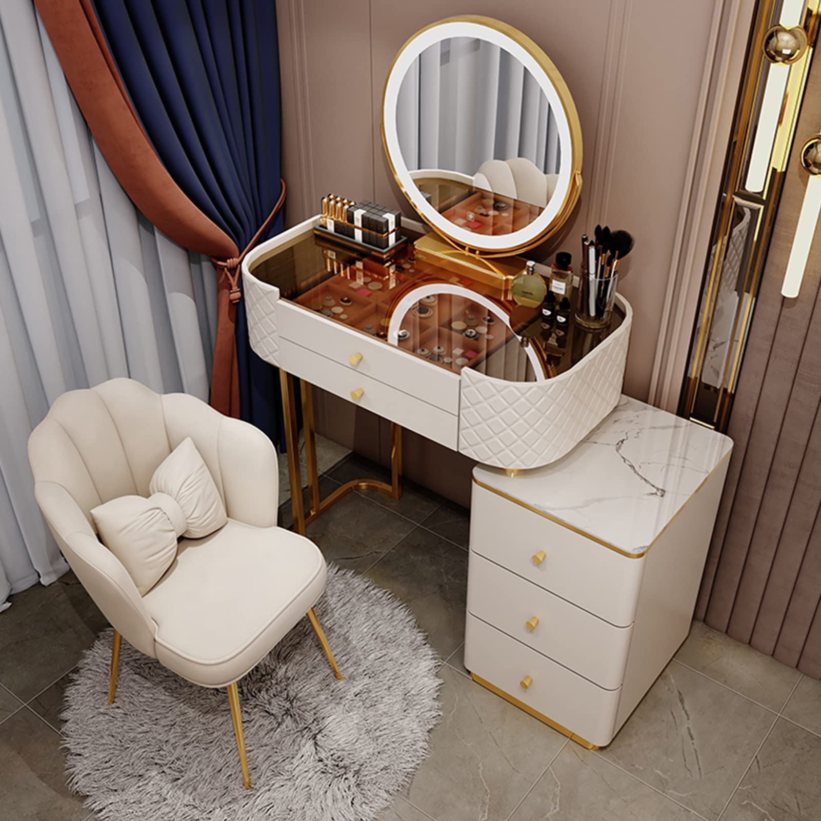 asdchZen Modern Makeup Vanity Set With Adjustable 3-Color Lighting, Cushioned Stool & Storage Drawers, Stylish Dressing Table For Bedroom-White, 80Cm/31.4In,White a-80cm/31.4in