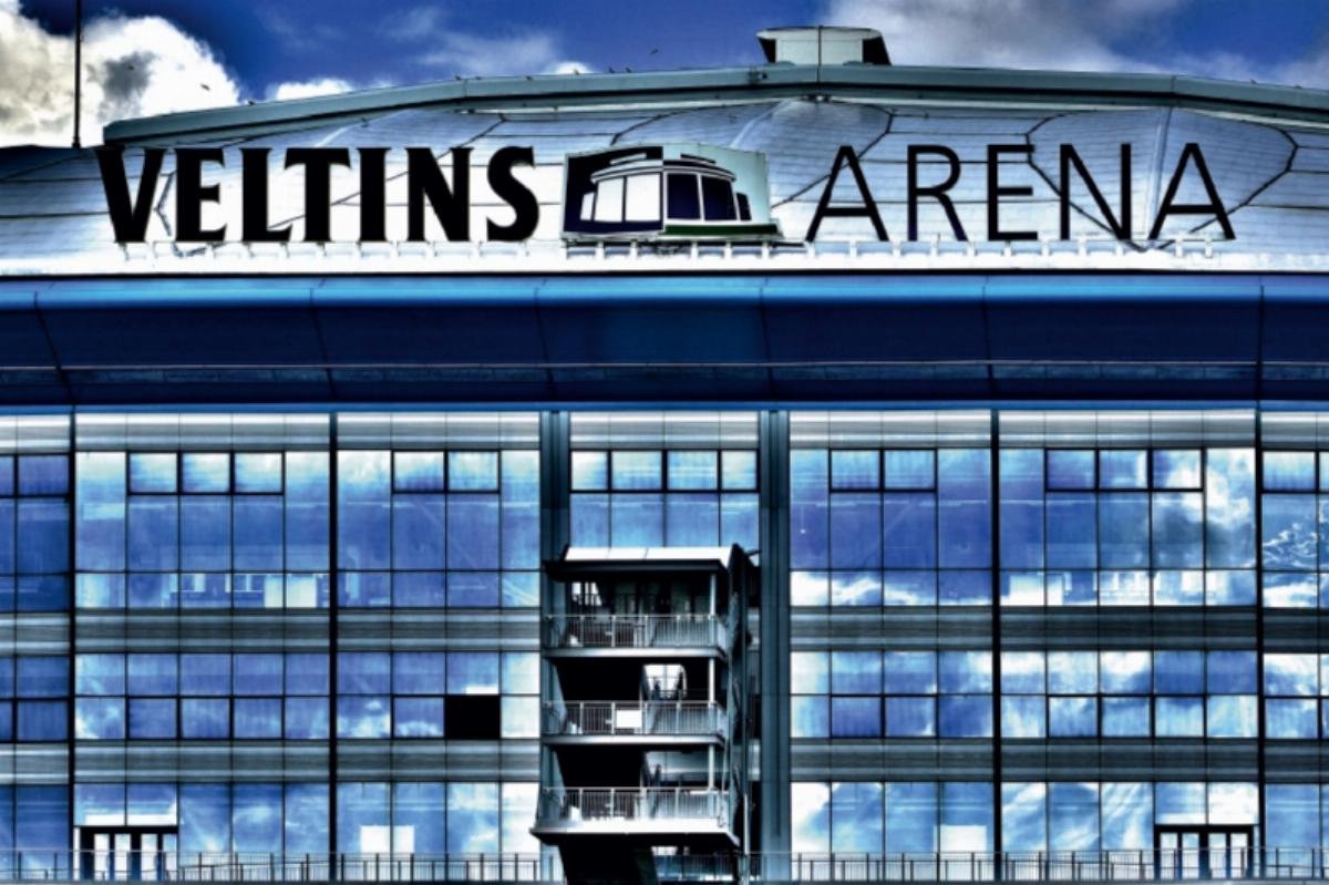 Premium Textil-Leinwand 120 x 80 cm Quer-Format Veltins Arena | Wandbild, HD-Bild auf Keilrahmen, Fertigbild auf hochwertigem Vlies, Leinwanddruck von Anke Grau