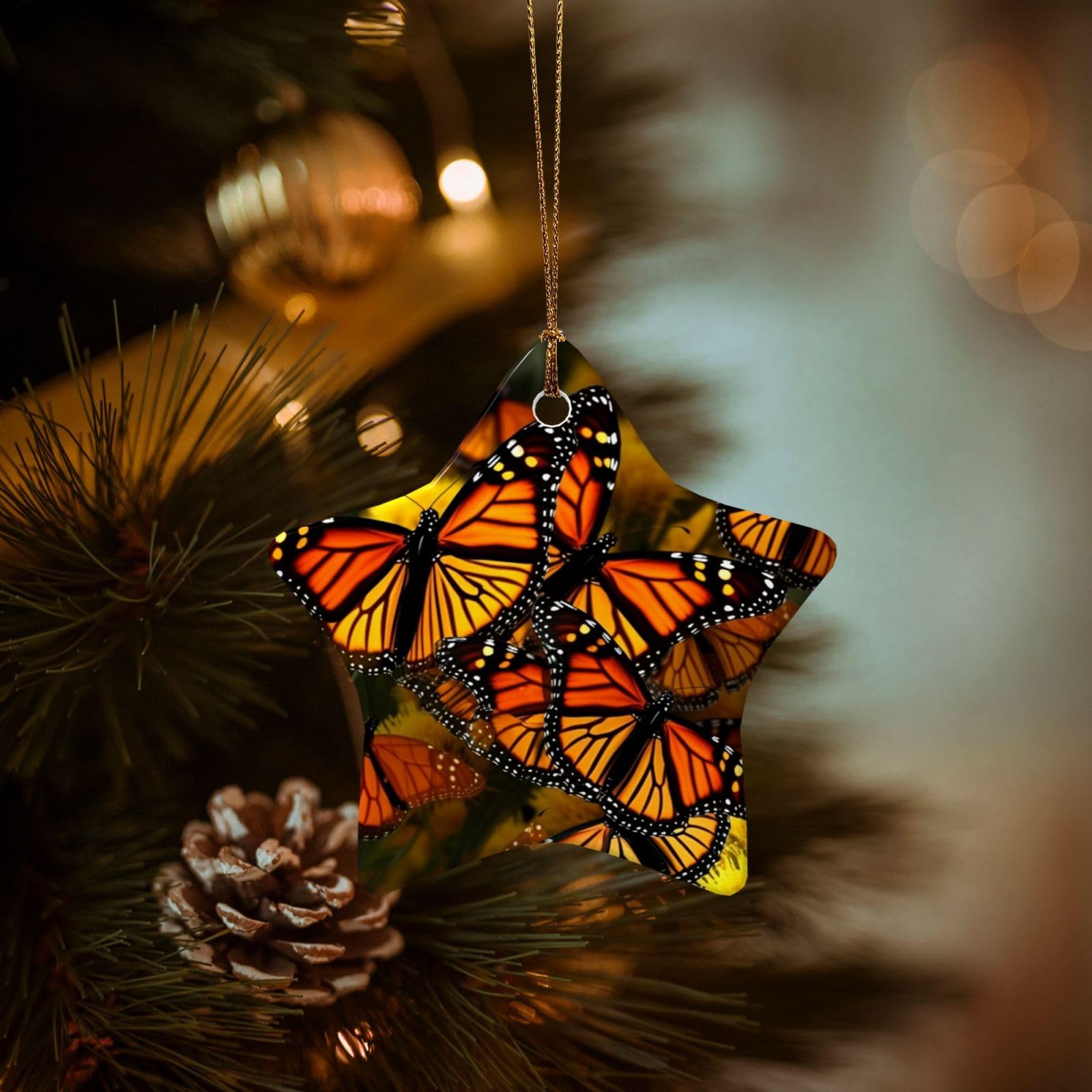 Christmas Tree Ornaments Ceramics Christmas Decorations Monarch Butterflies Ornaments with Gold Ribbon Porcelain Xmas Tree Crafts Star Shape Hanging Pendant for Christmas Tree Party Decor