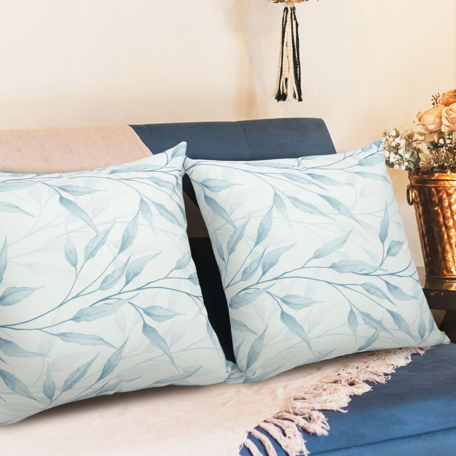 Betadistor Cushion Covers Throw Pillow Cover Square Decorative Pillowcase with Blue Leaf Patterns for Garden Sofa Livingroom Bedroom Tent Park 2 Pieces 18x18 Inch