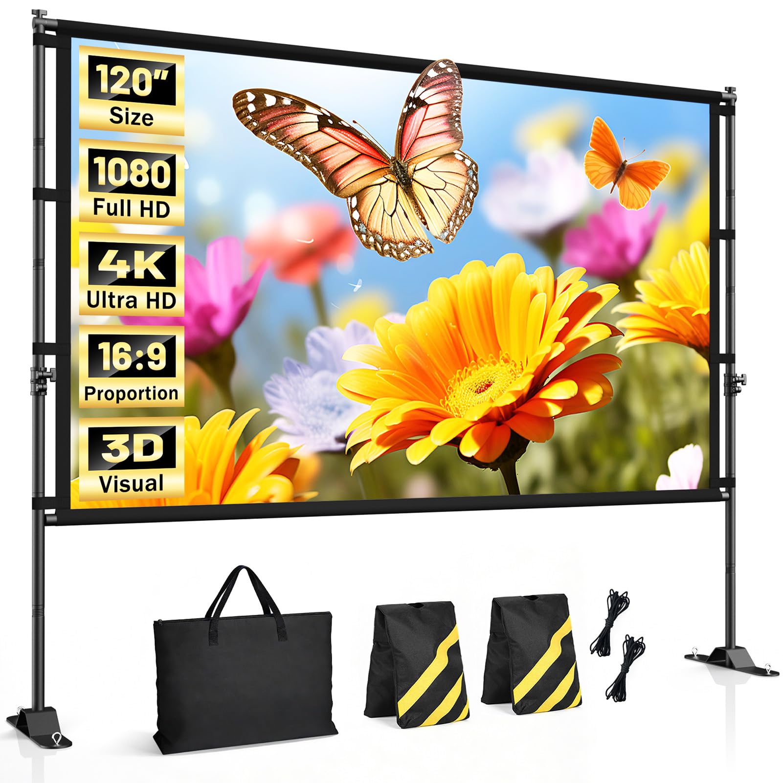 Photo 1 of 120 inch Outdoor Projector Screen with Stand, Portable Projector Screen Outdoor with Sand Bag, 16:9 4K HD Movie Screen with Carry Bag for Backyard, Camping, Theater