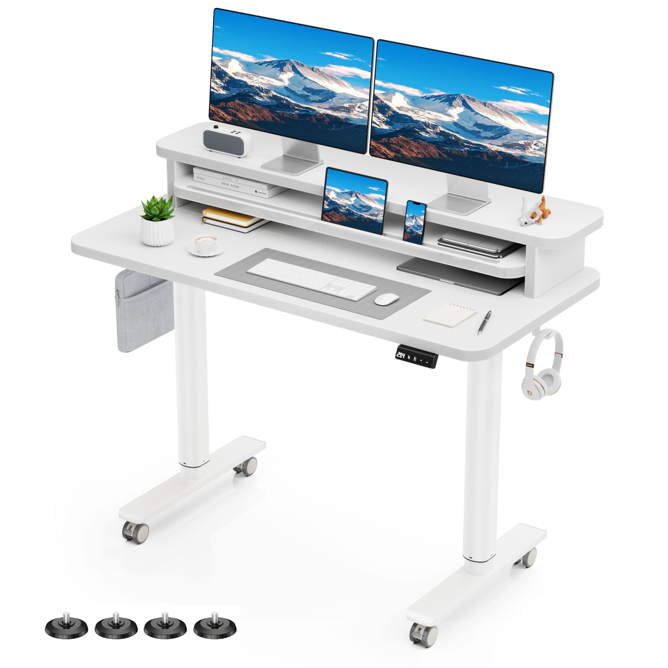 Flycity Electric Standing Desk with Dual Monitor Stand Height Adjustable Desk Sit Stand Desk with Memory Controller Casters