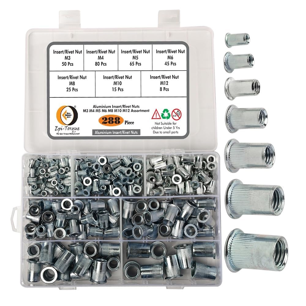 Epi-Torque 288 PCS Metric Rivet Nut Kit Zinc Plated Flat Head Knurled Body Threaded Insert 7 Sizes M3 M4 M5 M6 M8 M10 M12 Assortment Pack